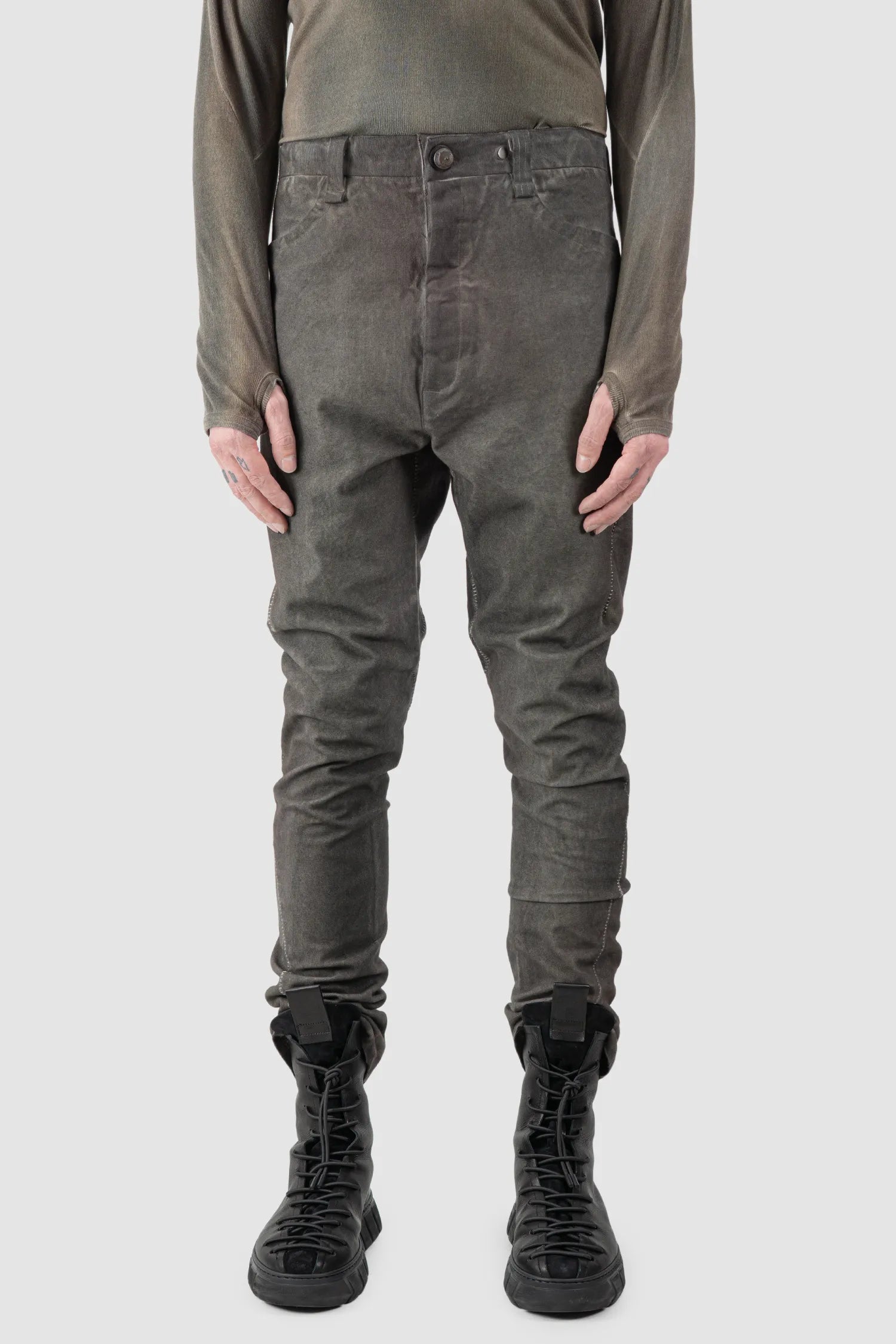 69 by Isaac Sellam - Men's Grey Chrome-Agnon Object Dyed Cotton Trousers - model front view - MONO-KROM | Gallery