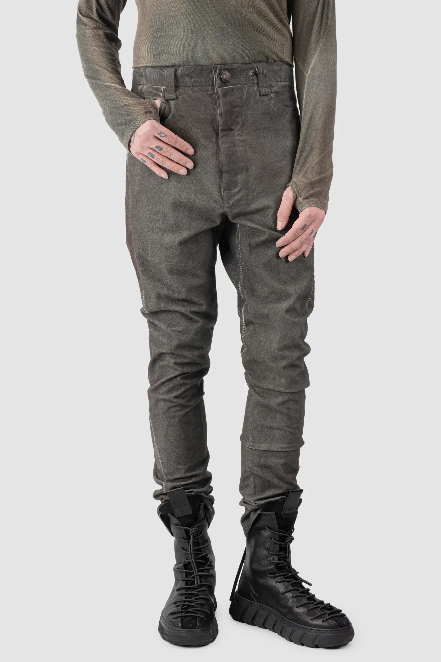 69 by Isaac Sellam - Men's Grey Chrome-Agnon Object Dyed Cotton Trousers - model relaxed view