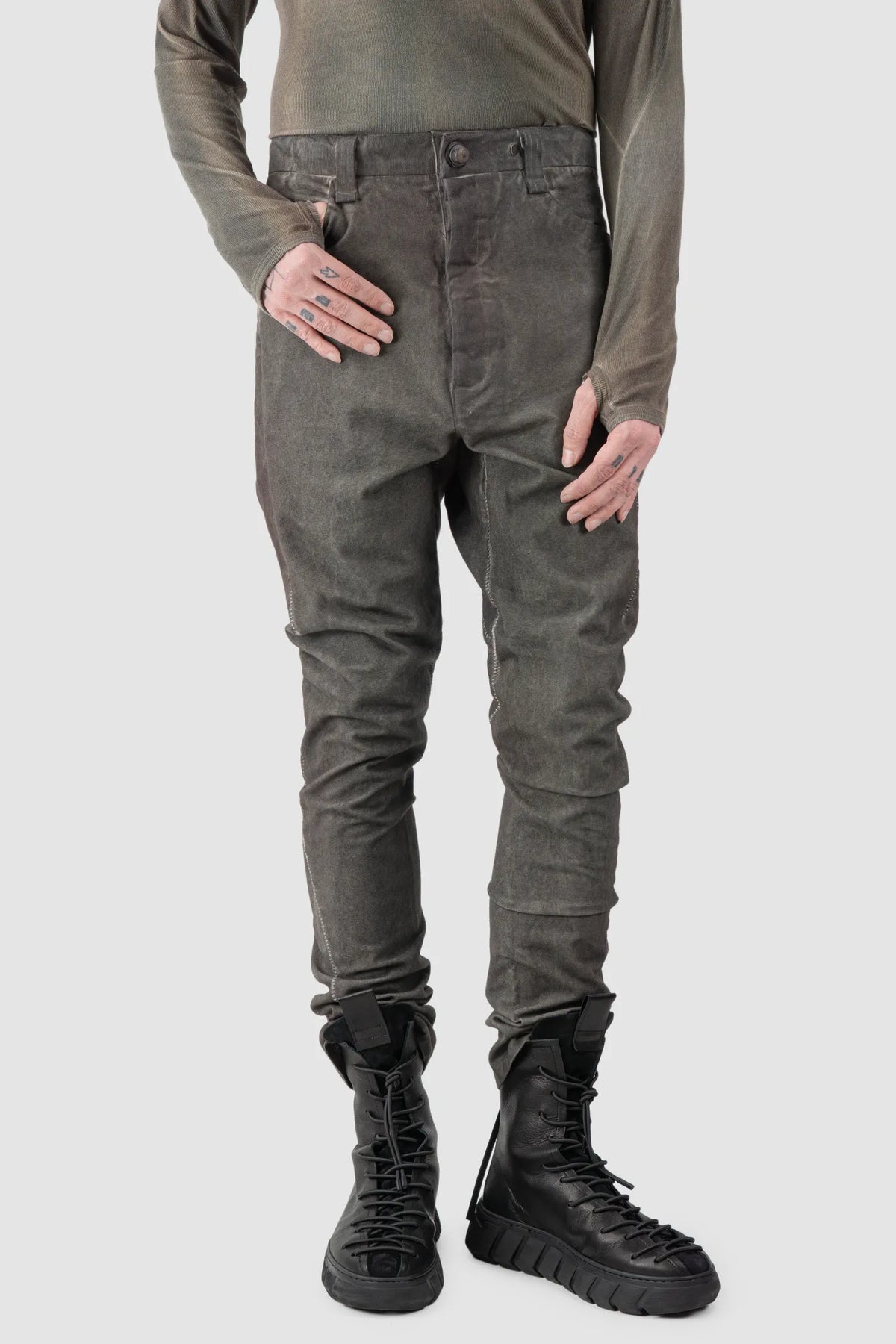 69 by Isaac Sellam - Men's Grey Chrome-Agnon Object Dyed Cotton Trousers - model relaxed view