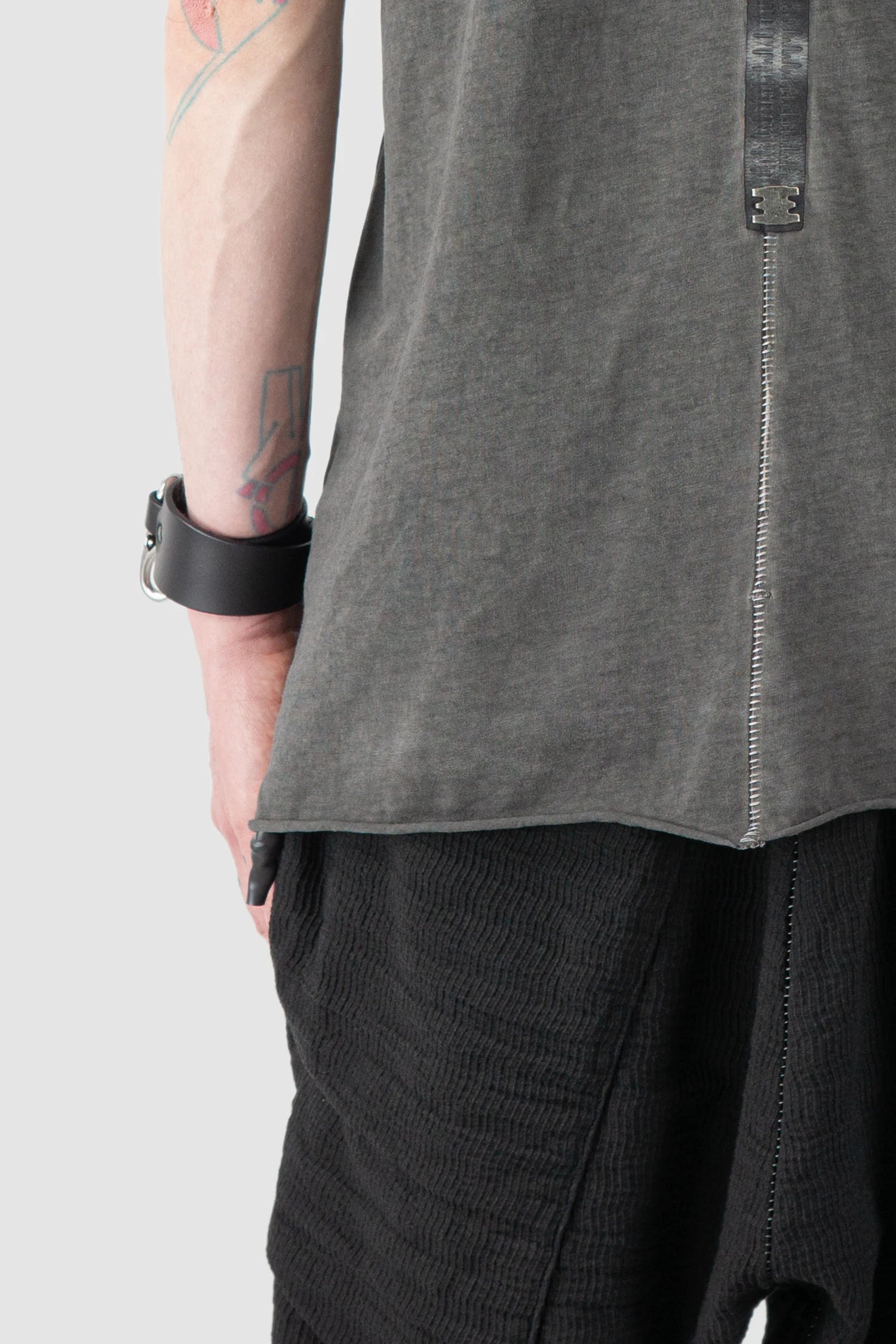 69 by Isaac Sellam - Men’s Grey Dyed Organic Cotton Jersey Tank Top hem close up view