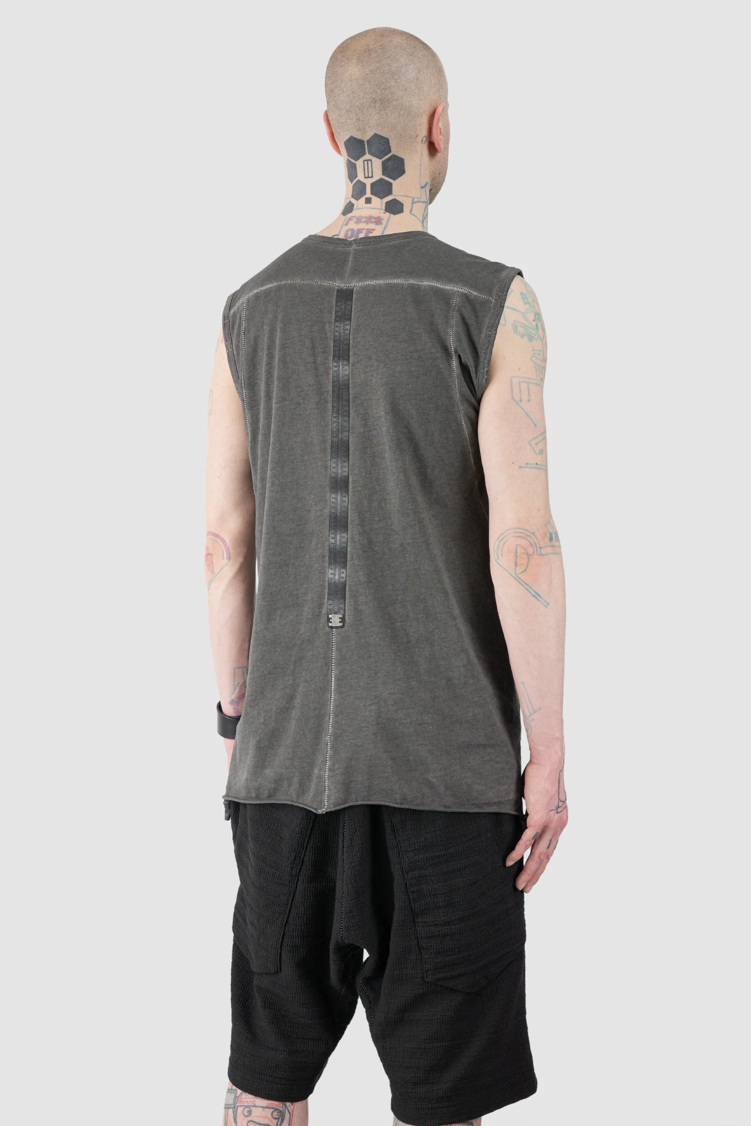 69 by Isaac Sellam - Men’s Grey Dyed Organic Cotton Jersey Tank Top model back side view
