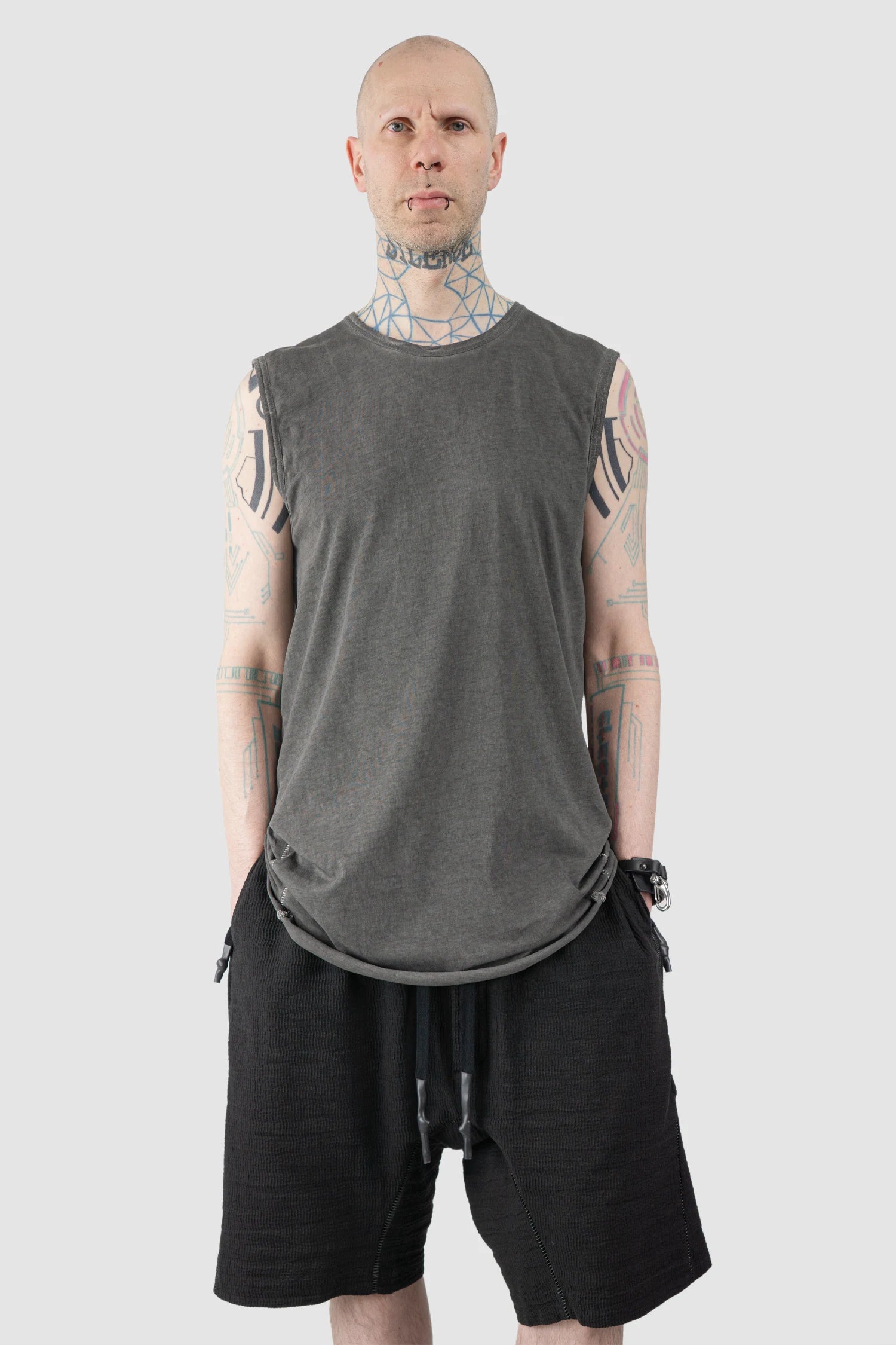 69 by Isaac Sellam - Men’s Grey Dyed Organic Cotton Jersey Tank Top model relaxed view