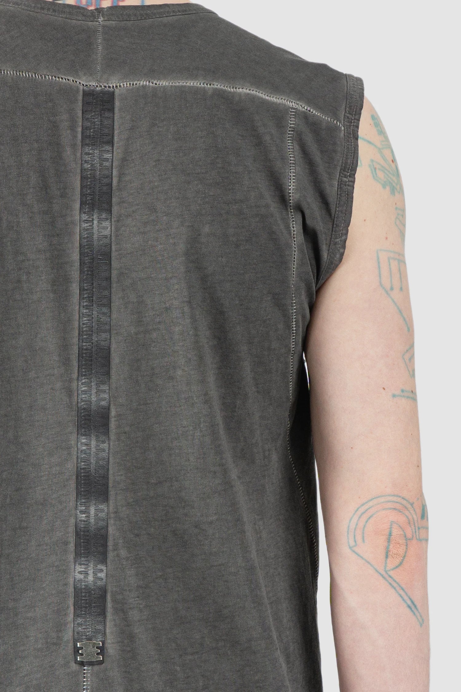 69 by Isaac Sellam - Men’s Grey Dyed Organic Cotton Jersey Tank Top shoulder close up view