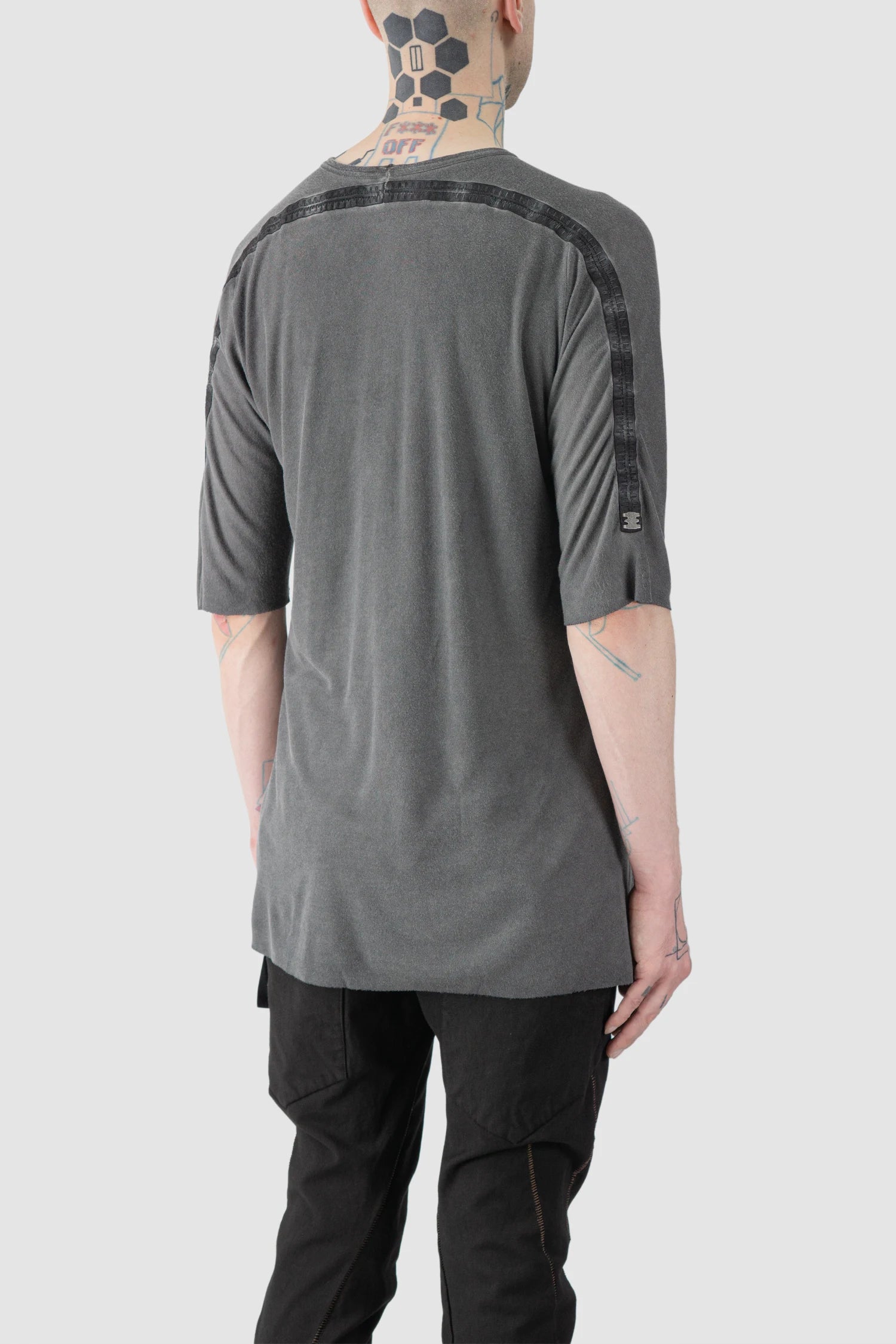 69 by Isaac Sellam - model back side view of men’s Grey Horizontal Leather Spine Modal-Cashmere T-Shirt