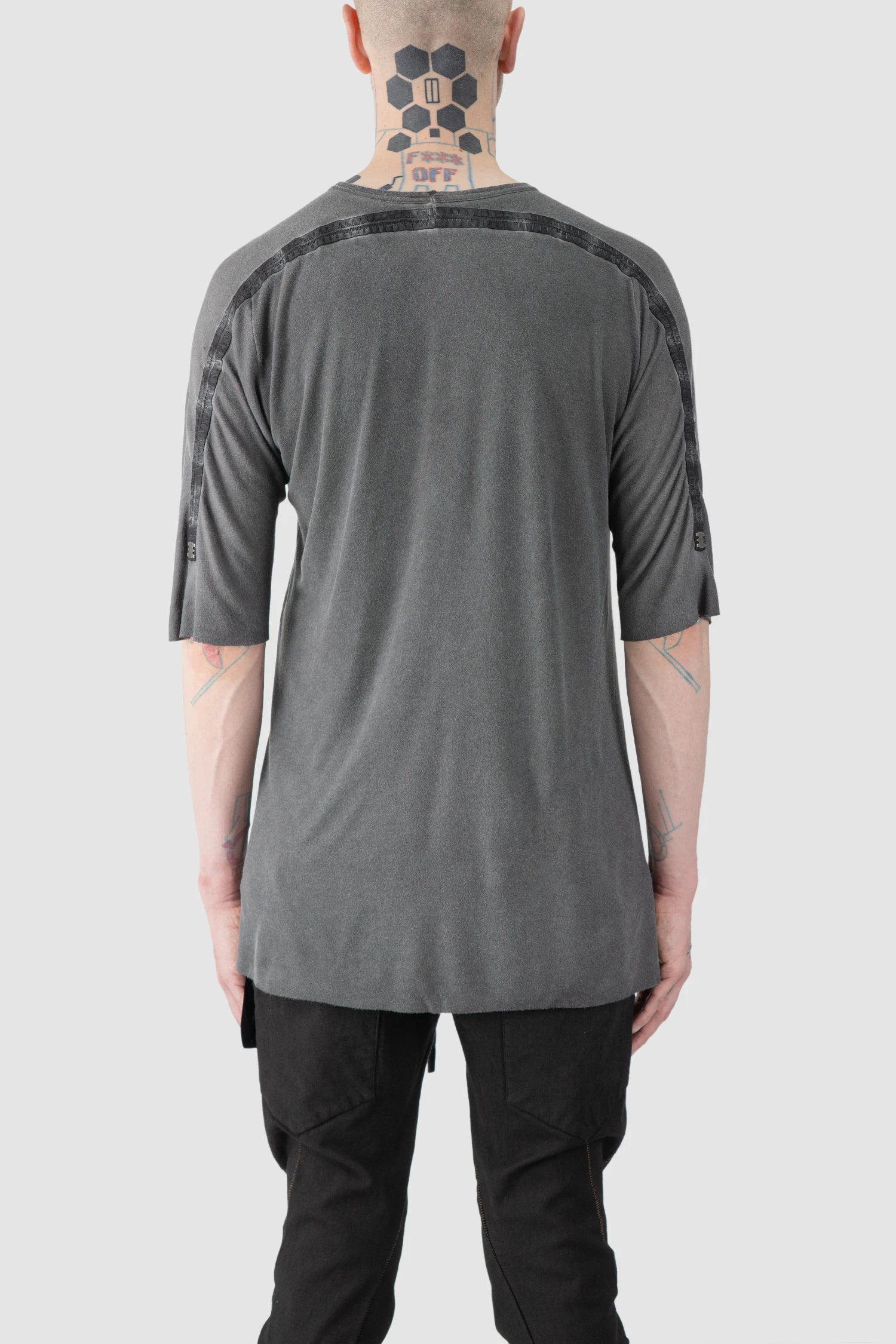 69 by Isaac Sellam - model back view of men’s Grey Horizontal Leather Spine Modal-Cashmere T-Shirt