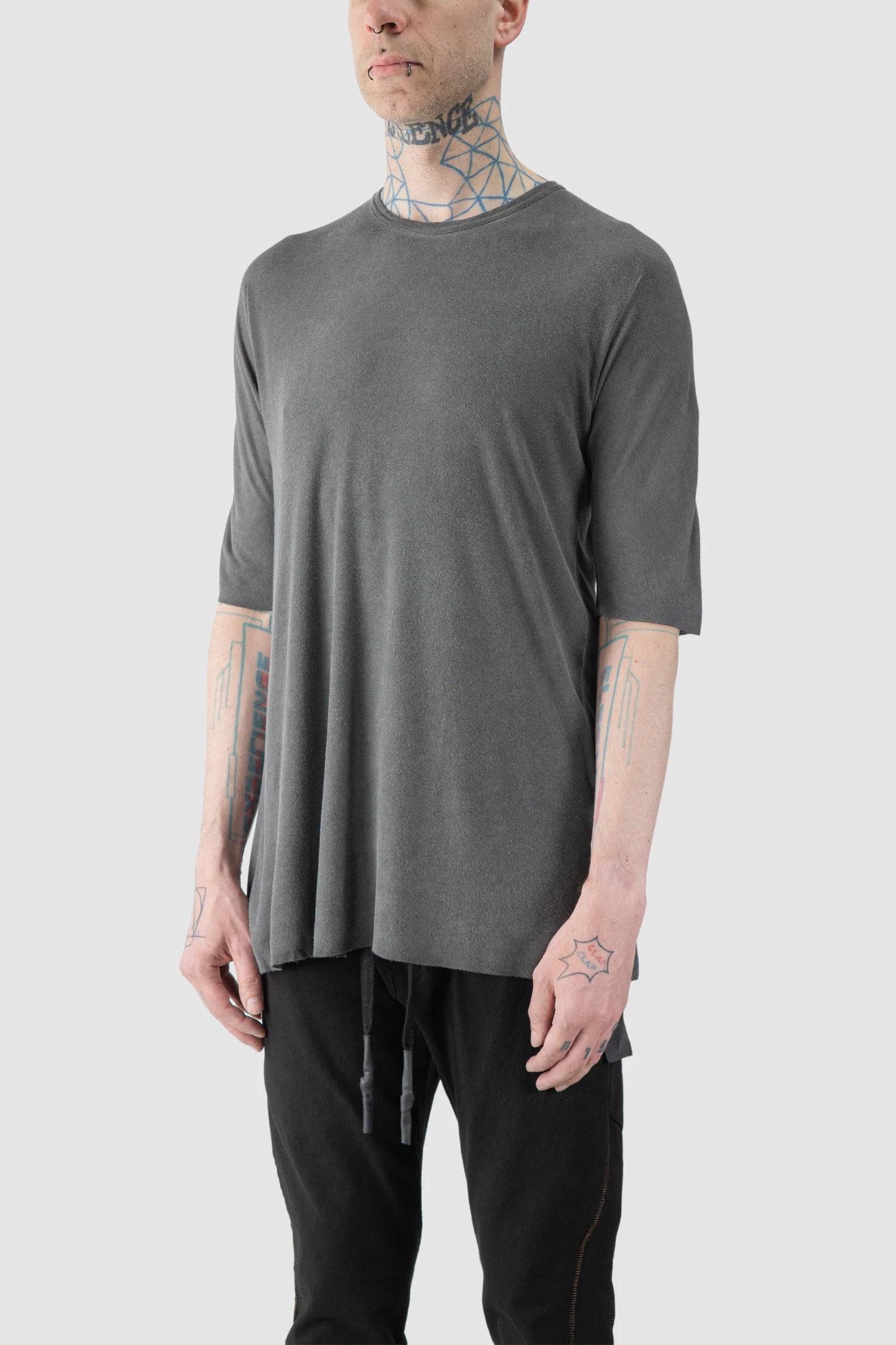 69 by Isaac Sellam - model front side view of men’s Grey Horizontal Leather Spine Modal-Cashmere T-Shirt