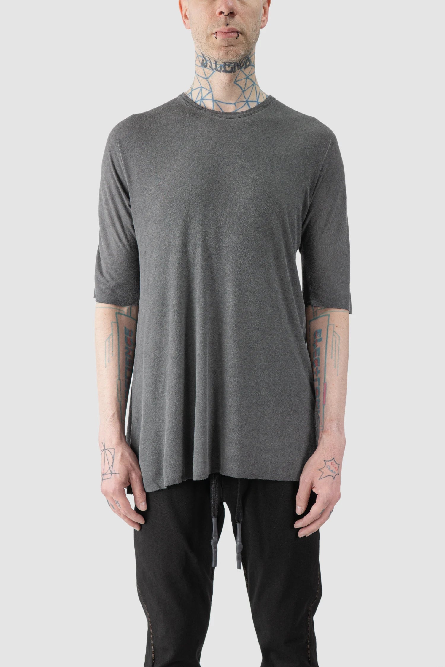 69 by Isaac Sellam - model front view of men’s Grey Horizontal Leather Spine Modal-Cashmere T-Shirt