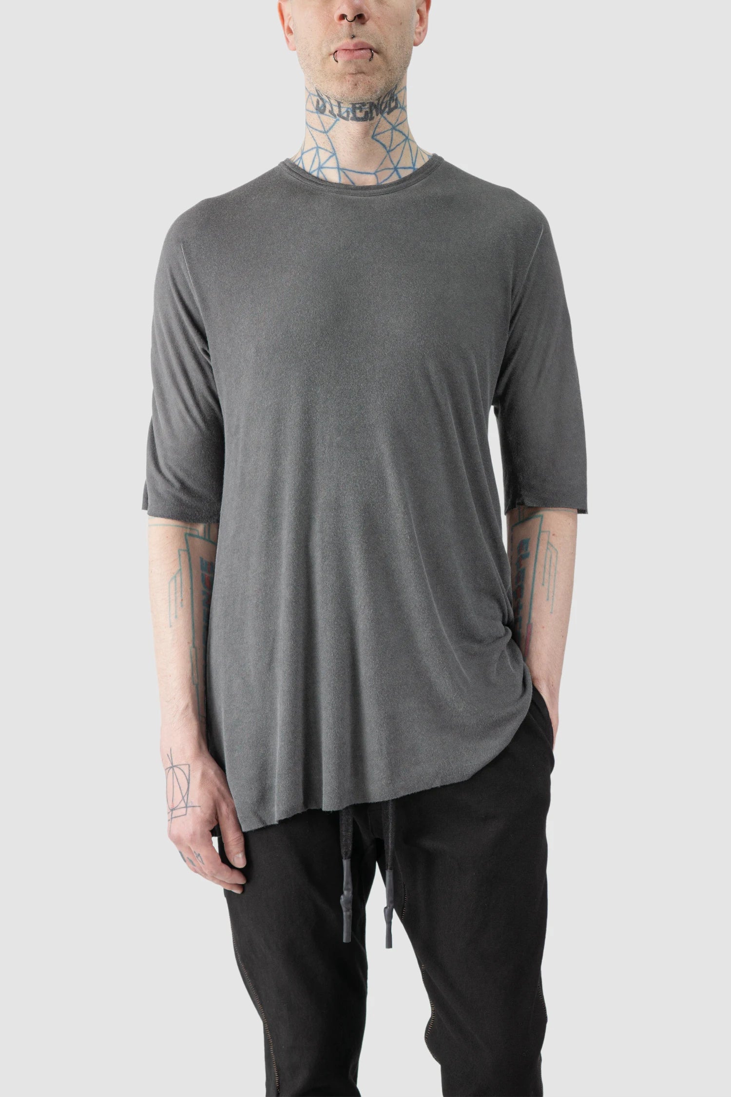69 by Isaac Sellam - model front relaxed view of men’s Grey Horizontal Leather Spine Modal-Cashmere T-Shirt