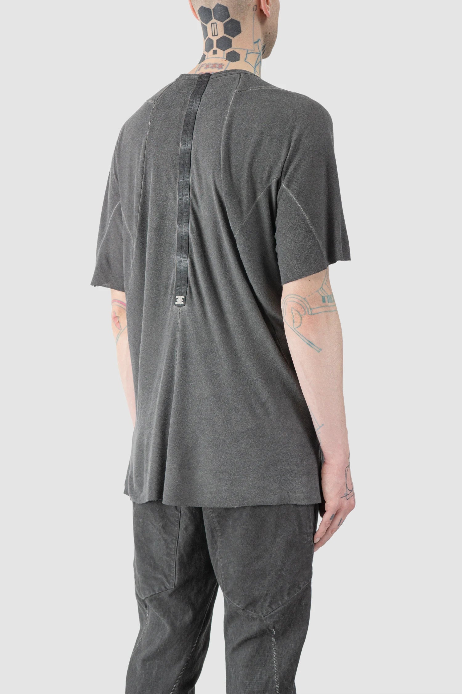 69 by Isaac Sellam - model back side view of men’s Grey Leather Spine Modal-Cashmere Raglan T-Shirt