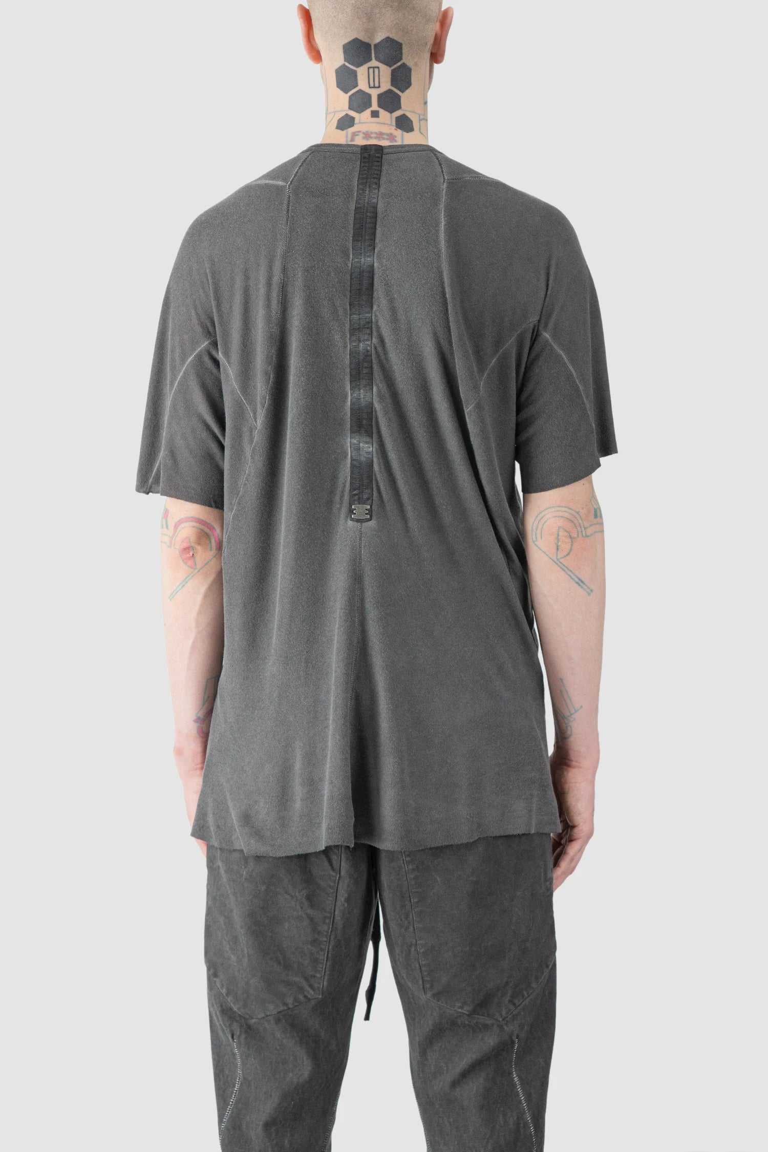 69 by Isaac Sellam - model back view of men’s Grey Leather Spine Modal-Cashmere Raglan T-Shirt