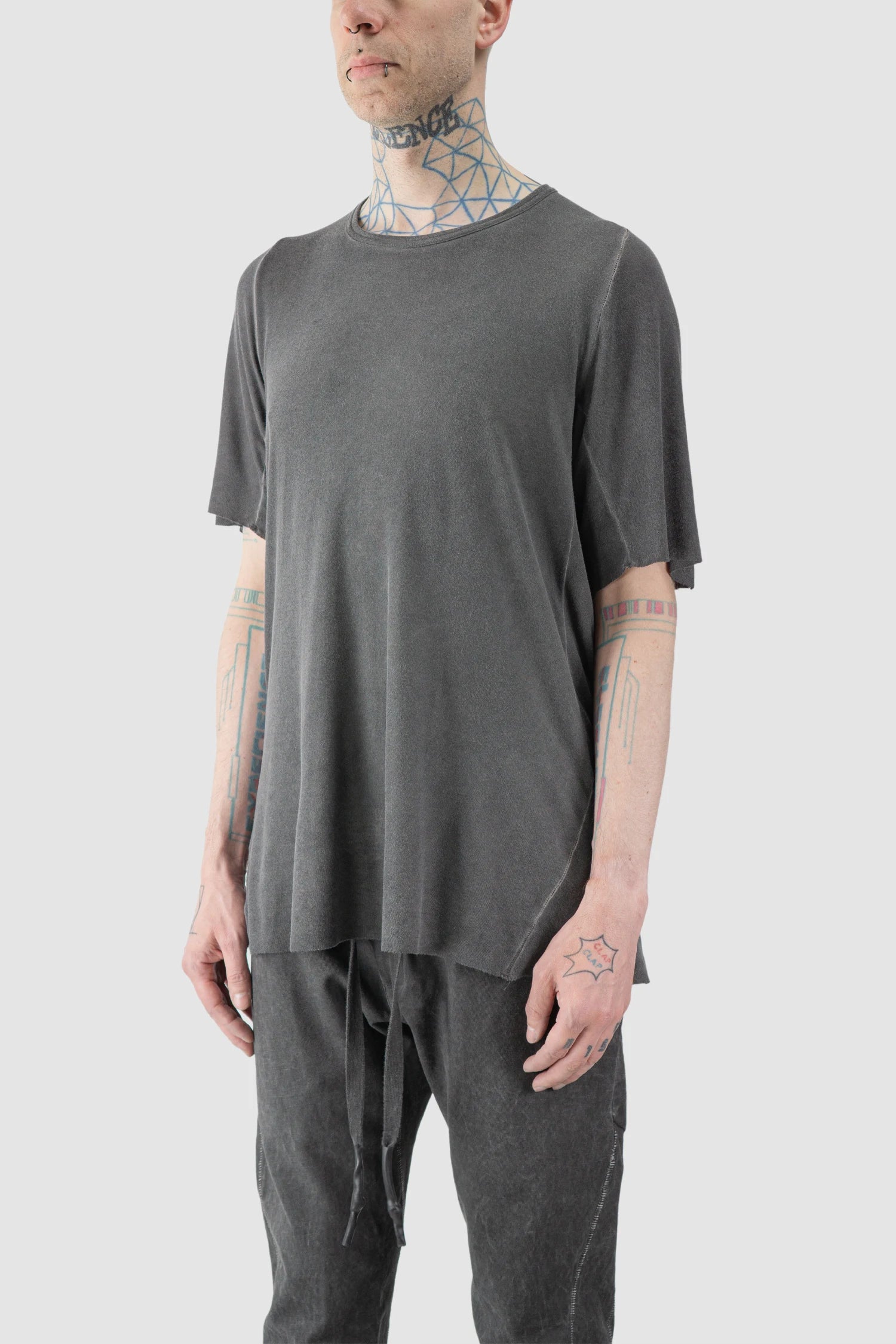 69 by Isaac Sellam - model front side view of men’s Grey Leather Spine Modal-Cashmere Raglan T-Shirt