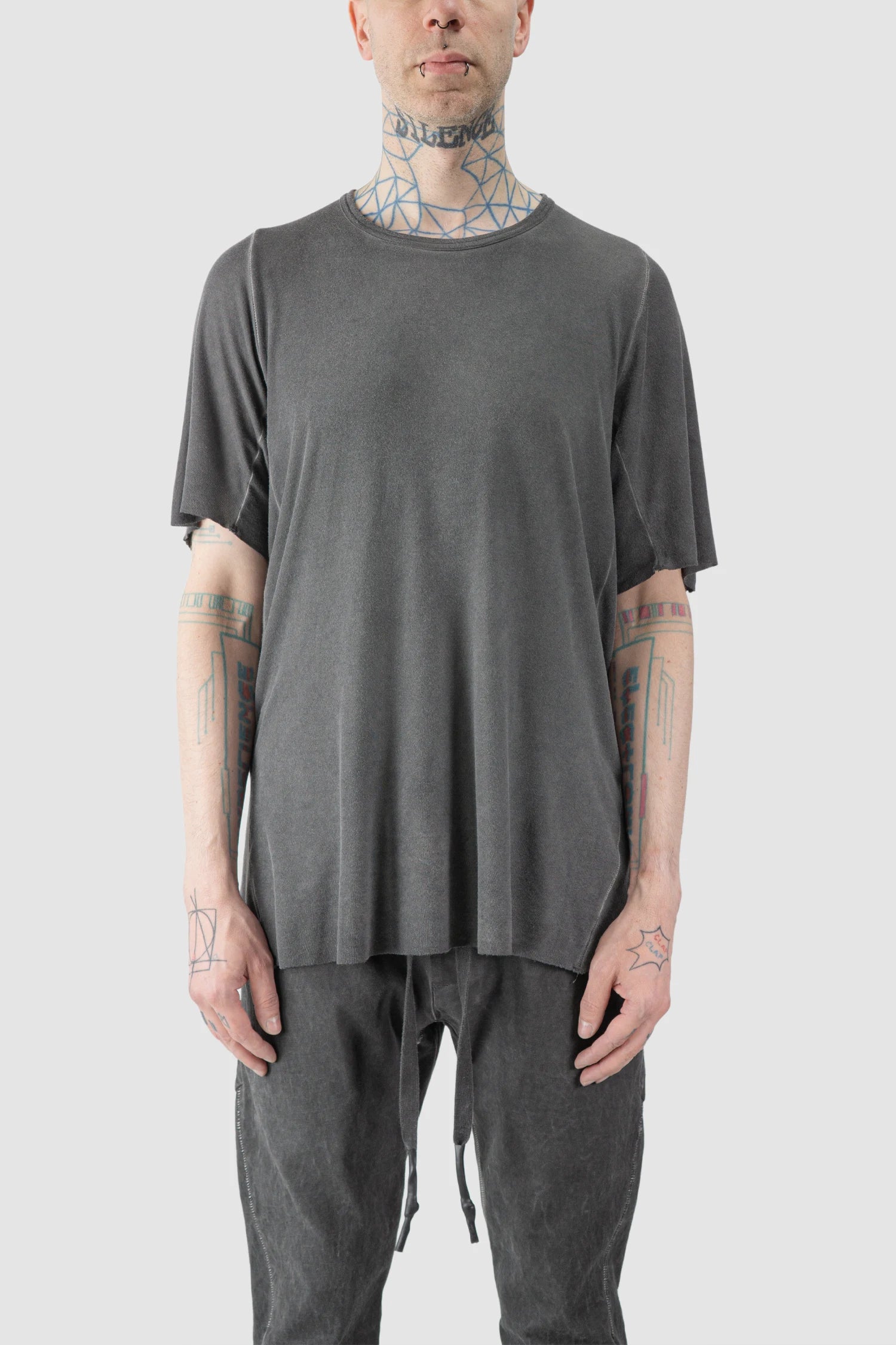 69 by Isaac Sellam - model front view of men’s Grey Leather Spine Modal-Cashmere Raglan T-Shirt