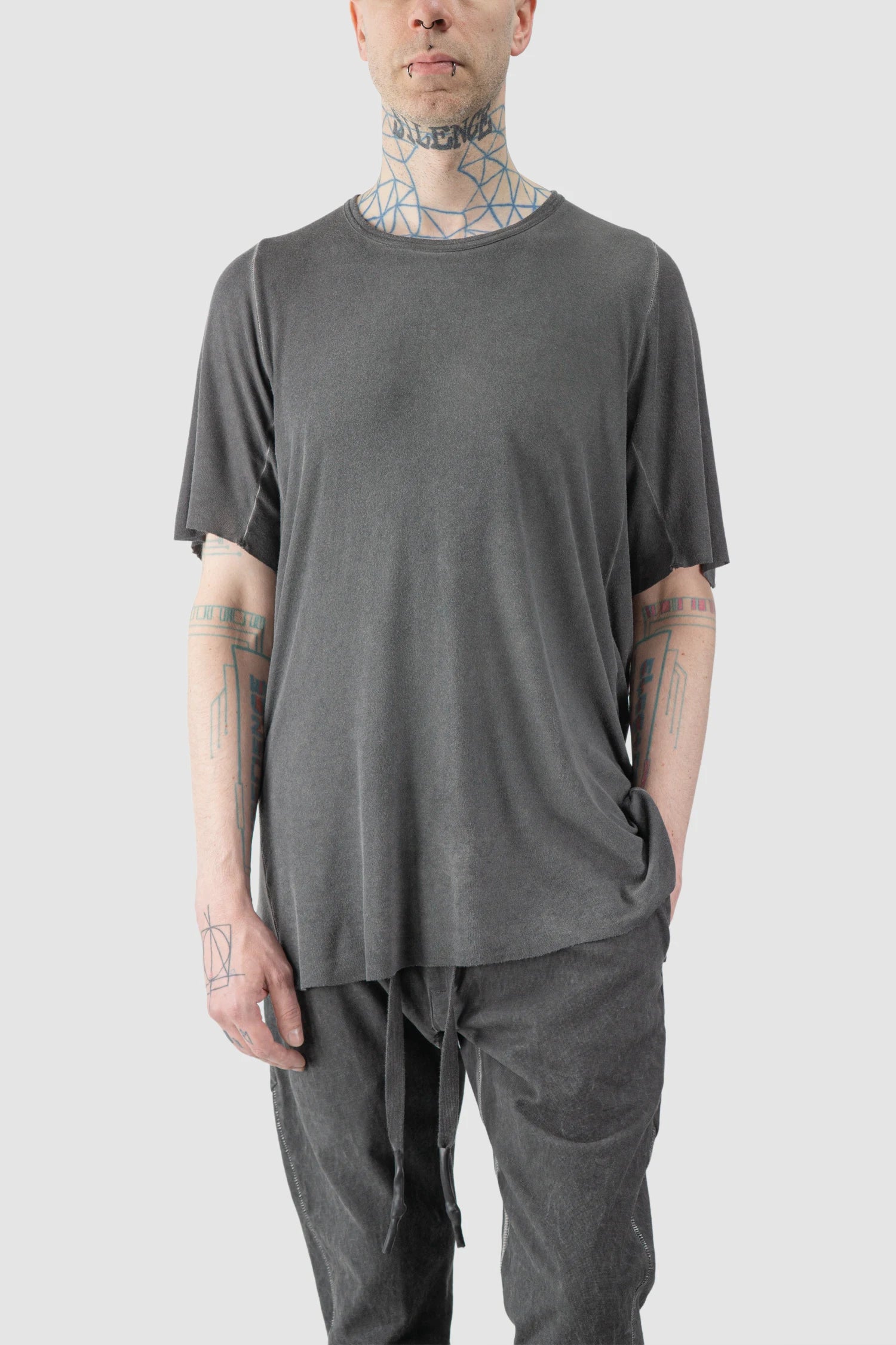 69 by Isaac Sellam - model front relaxed view of men’s Grey Leather Spine Modal-Cashmere Raglan T-Shirt