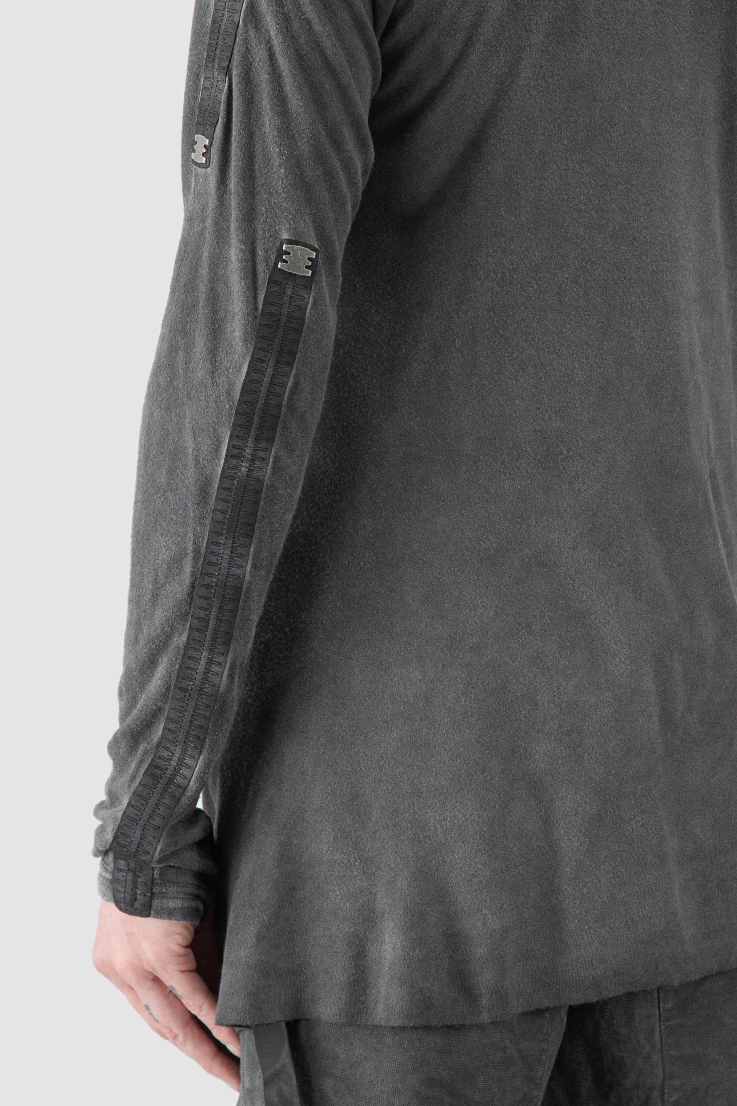 69 by Isaac Sellam - arm detail view of men’s Grey Modal-Cashmere Long Sleeve Tee