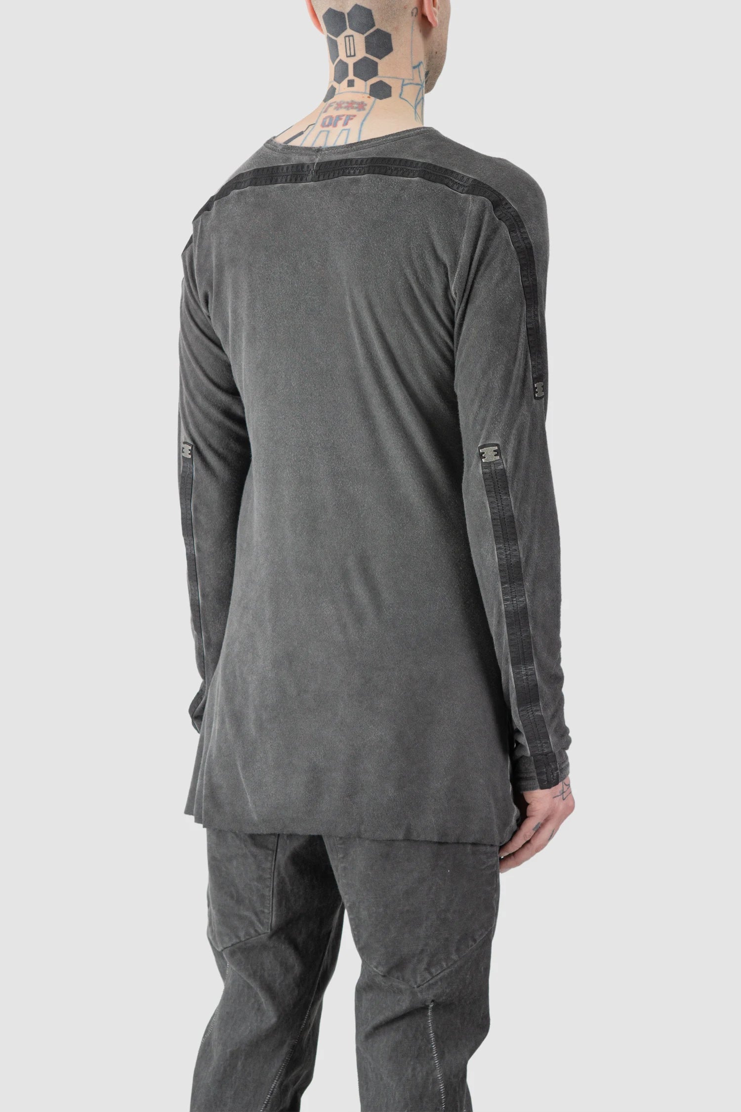 69 by Isaac Sellam - model back side view of men’s Grey Modal-Cashmere Long Sleeve Tee