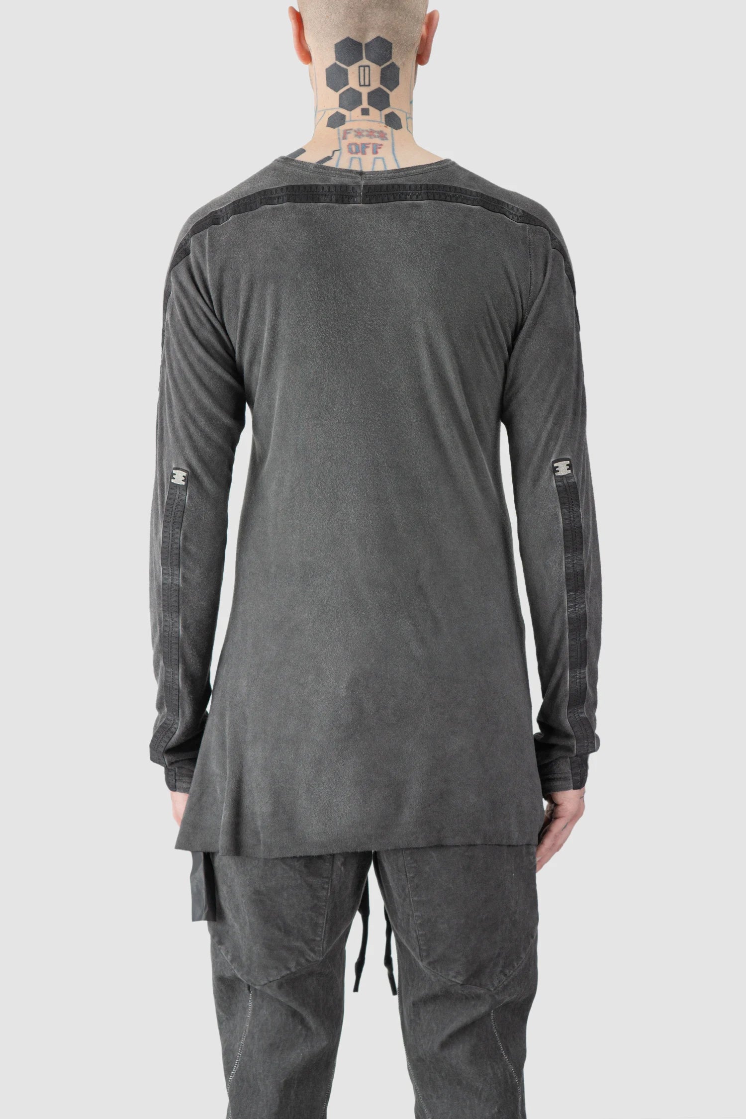 69 by Isaac Sellam - model back view of men’s Grey Modal-Cashmere Long Sleeve Tee
