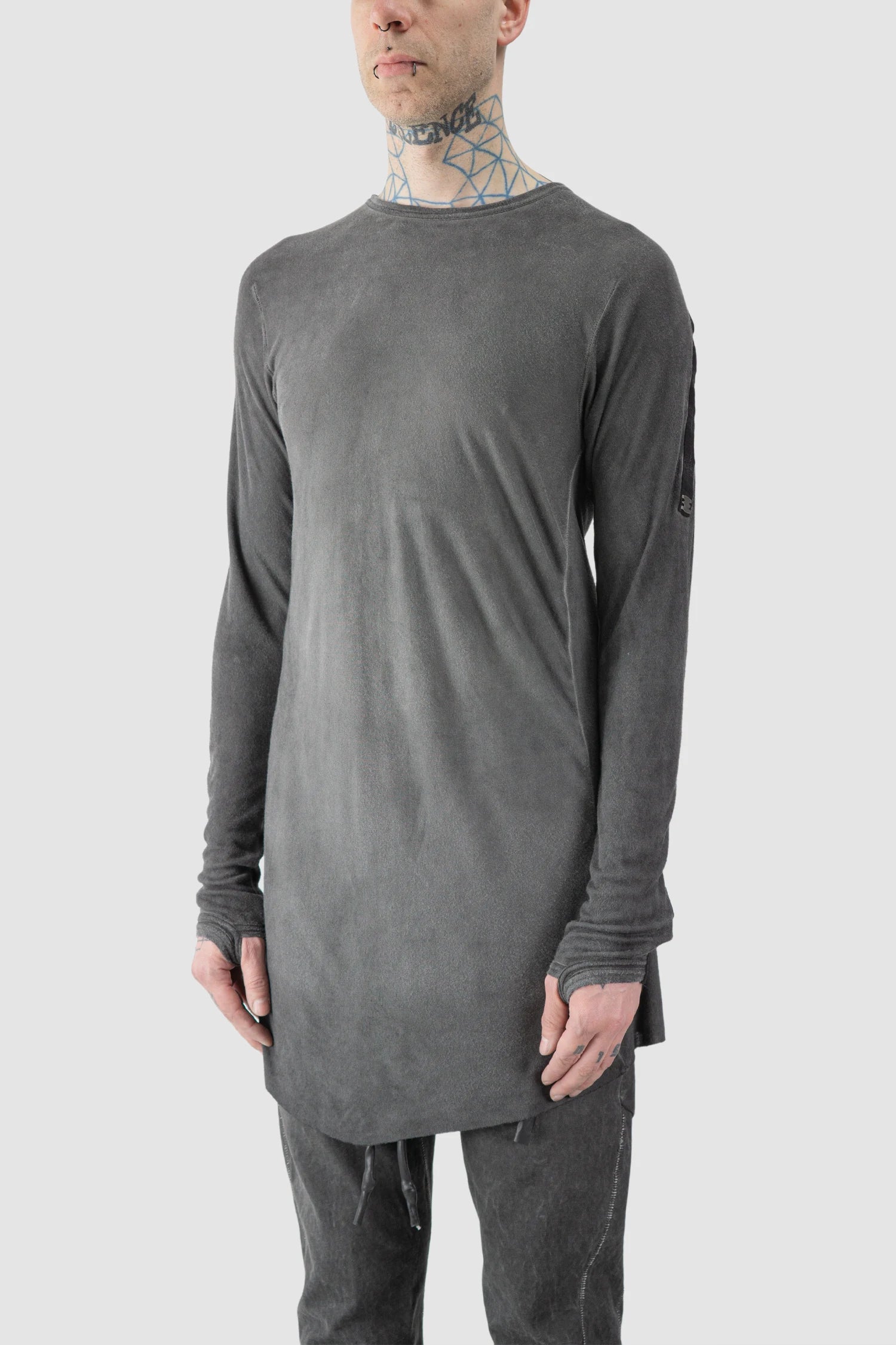 69 by Isaac Sellam - model front side view of men’s Grey Modal-Cashmere Long Sleeve Tee