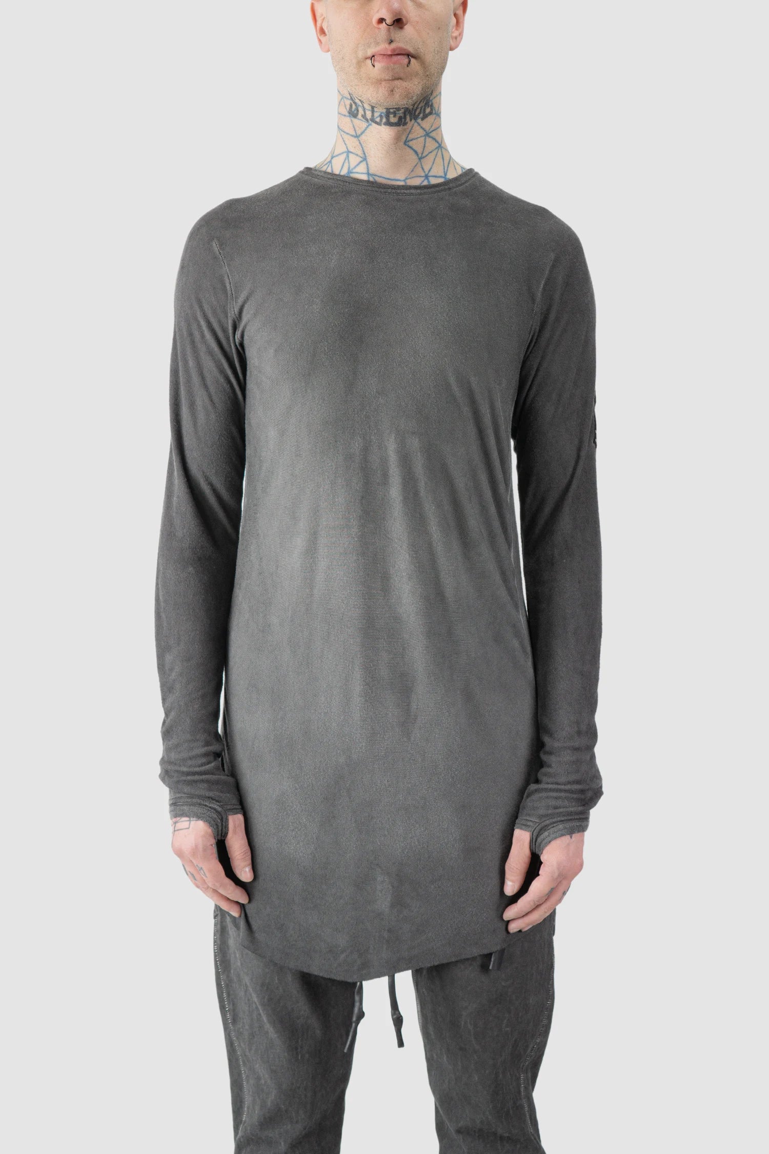 69 by Isaac Sellam - model front view of men’s Grey Modal-Cashmere Long Sleeve Tee