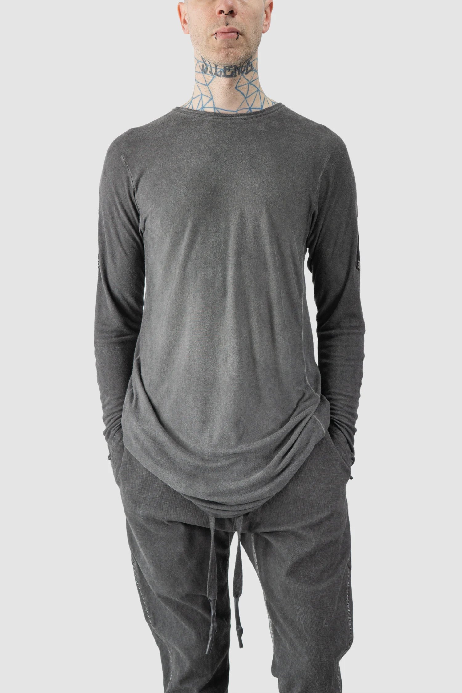 69 by Isaac Sellam - model front relaxed view of men’s Grey Modal-Cashmere Long Sleeve Tee
