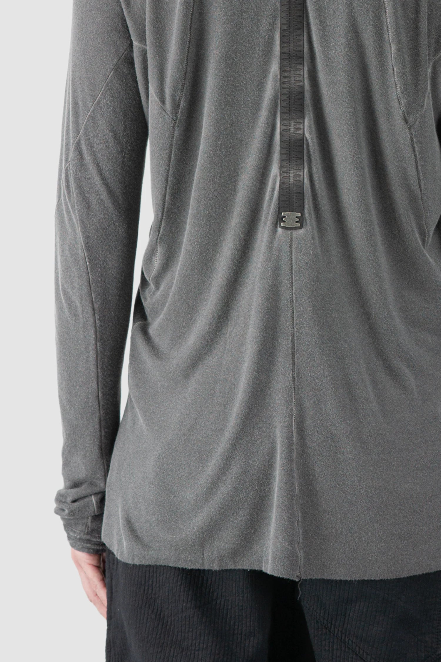 69 by Isaac Sellam - hem detail view of men’s Grey Modal-Cashmere Raglan Long Sleeve T-Shirt