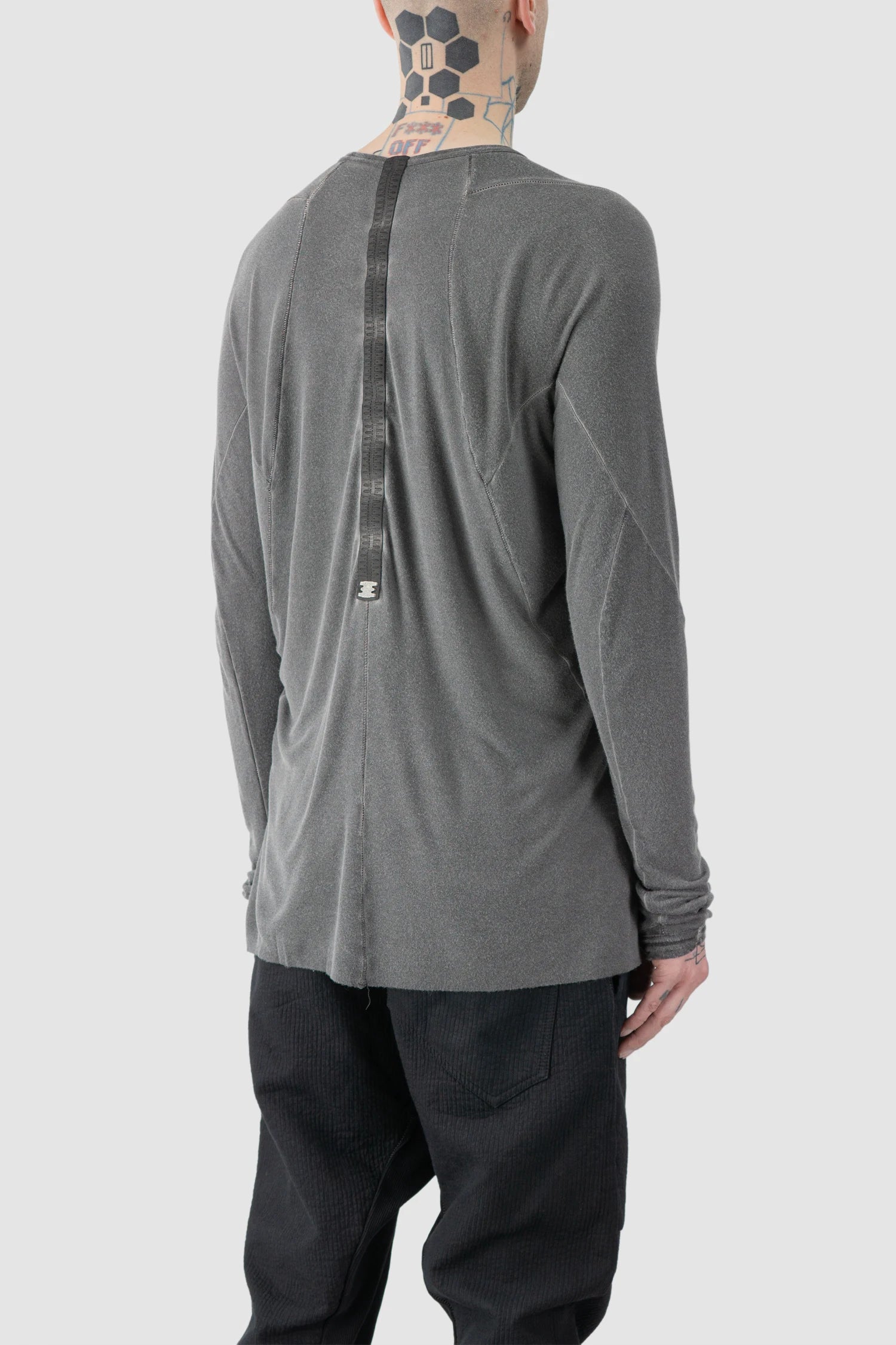 69 by Isaac Sellam - model back side view of men’s Grey Modal-Cashmere Raglan Long Sleeve T-Shirt