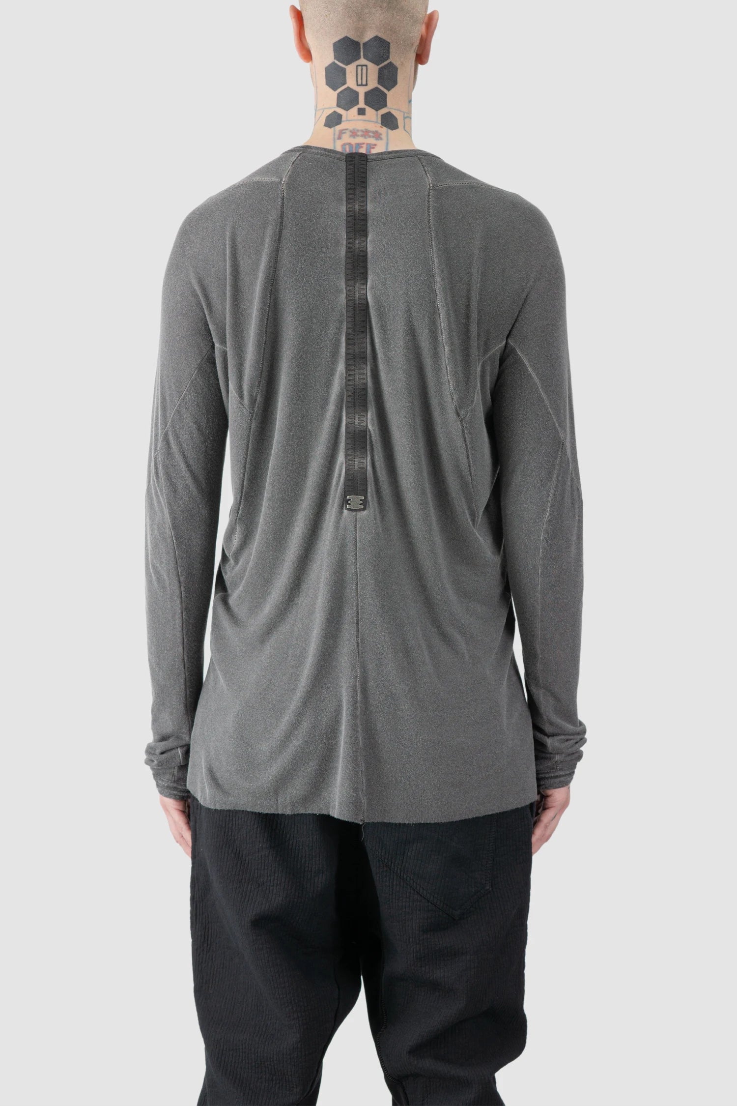 69 by Isaac Sellam - model back view of men’s Grey Modal-Cashmere Raglan Long Sleeve T-Shirt