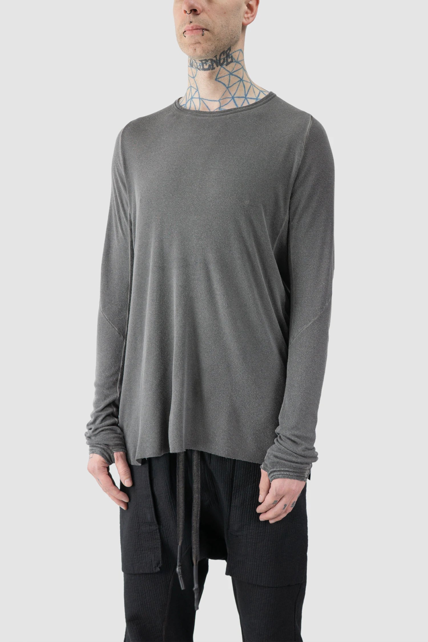 69 by Isaac Sellam - model front side view of men’s Grey Modal-Cashmere Raglan Long Sleeve T-Shirt