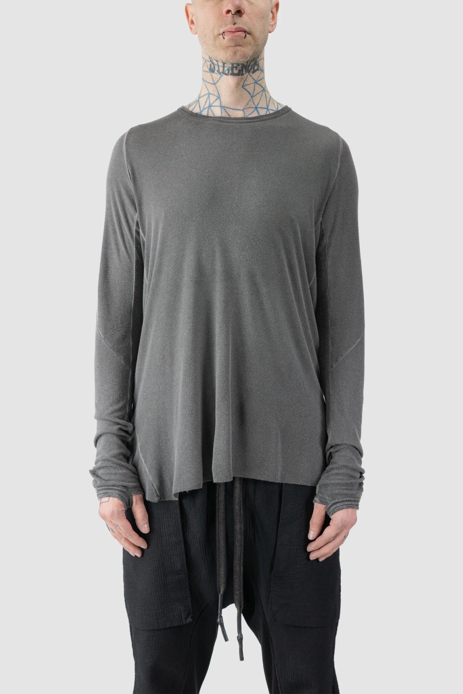 69 by Isaac Sellam - model front view of men’s Grey Modal-Cashmere Raglan Long Sleeve T-Shirt