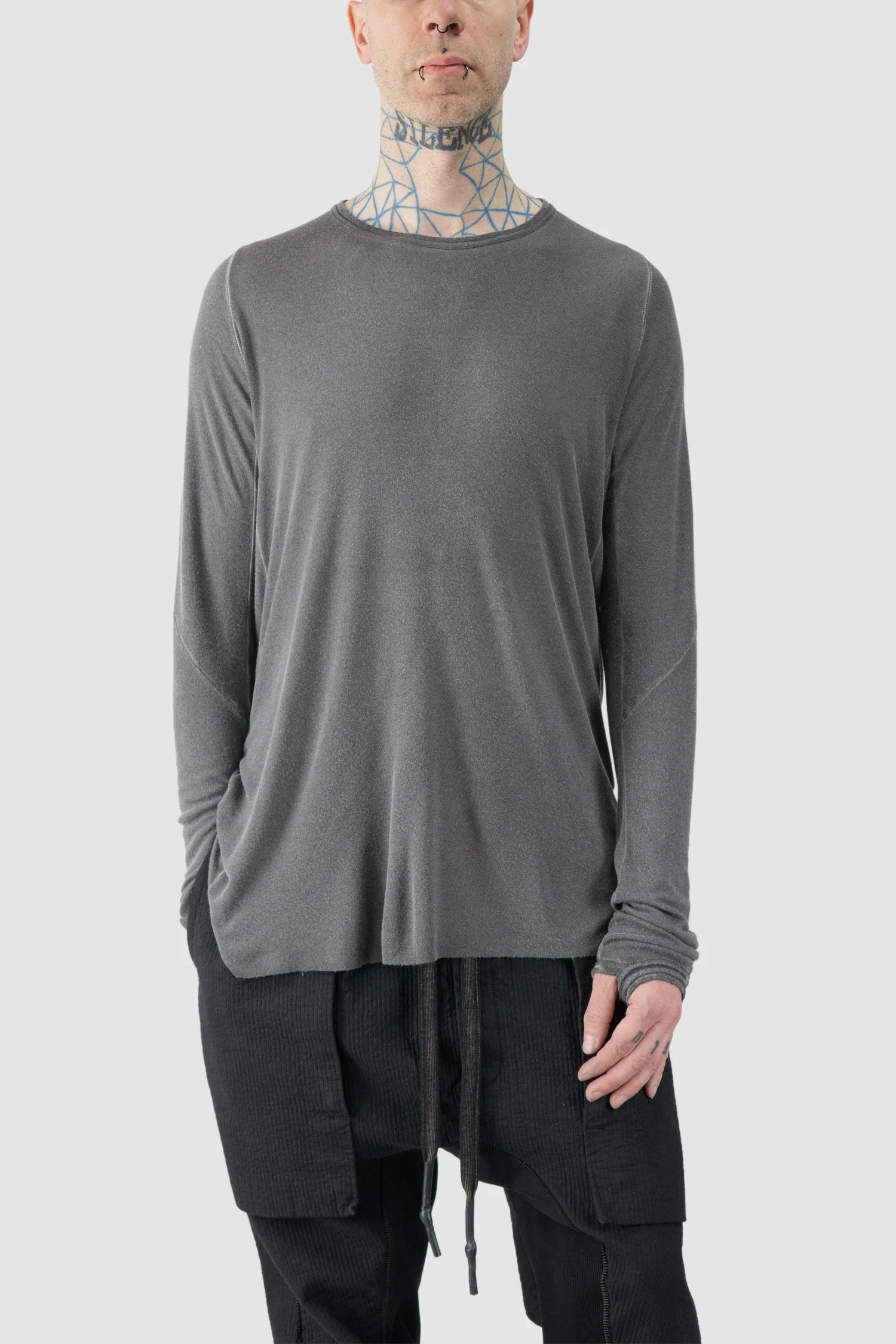 69 by Isaac Sellam - model front relaxed view of men’s Grey Modal-Cashmere Raglan Long Sleeve T-Shirt