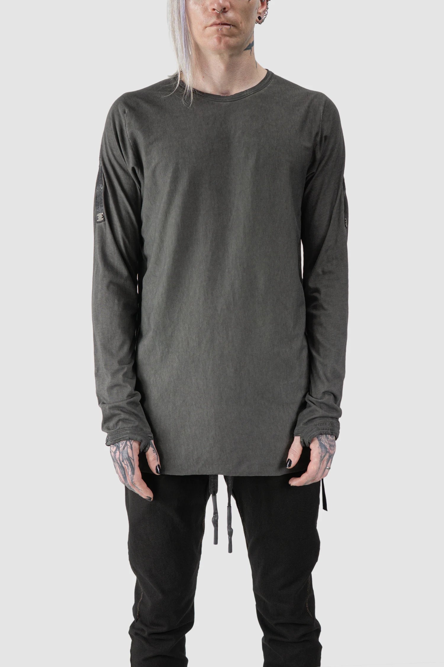 69 by Isaac Sellam - model front view of Grey Object Dyed Leather Spine Long Sleeve T-Shirt