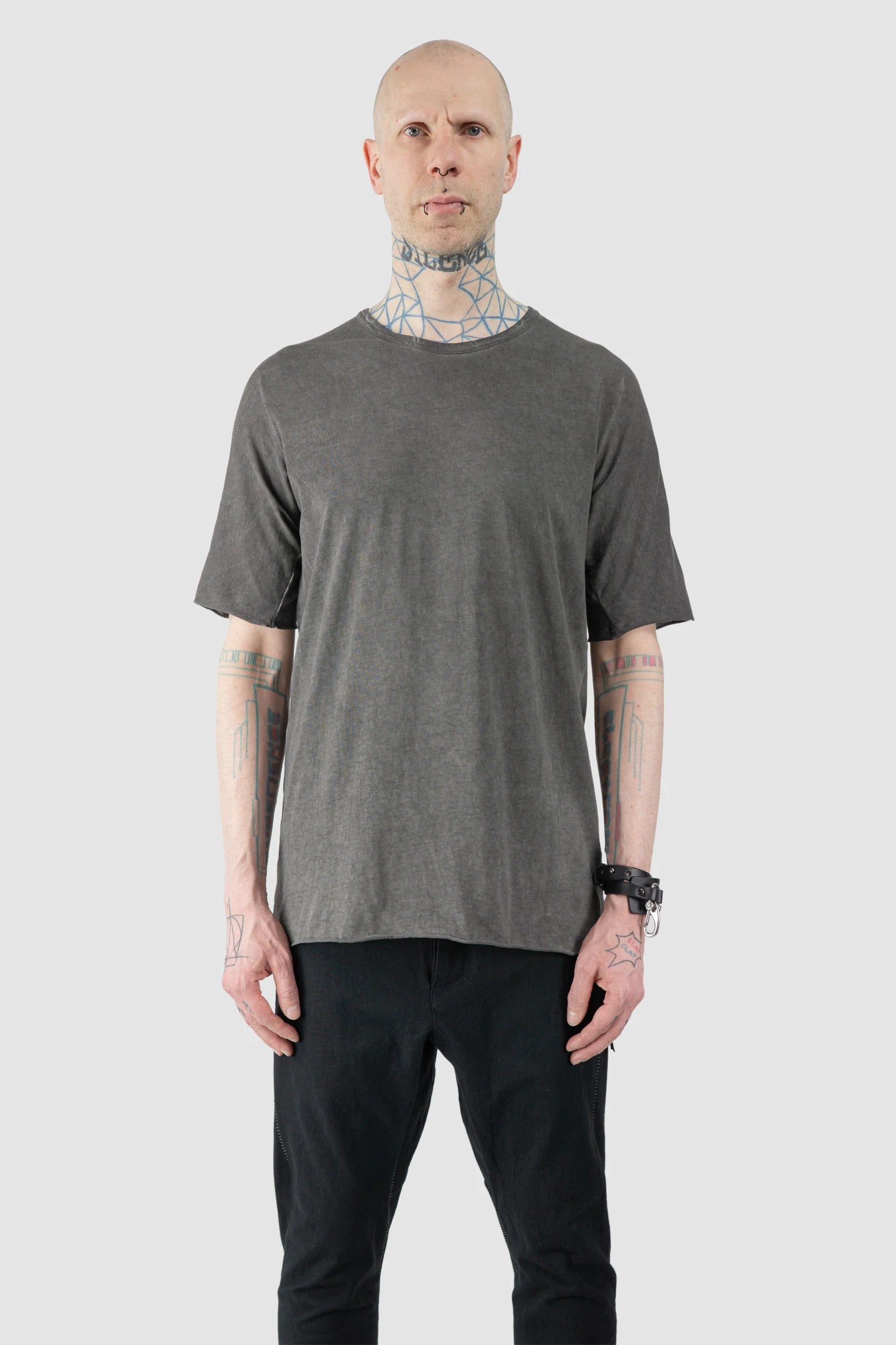 69 by Isaac Sellam - Men’s Grey Object Dyed Leather Spine Short Sleeve Tee model front view
