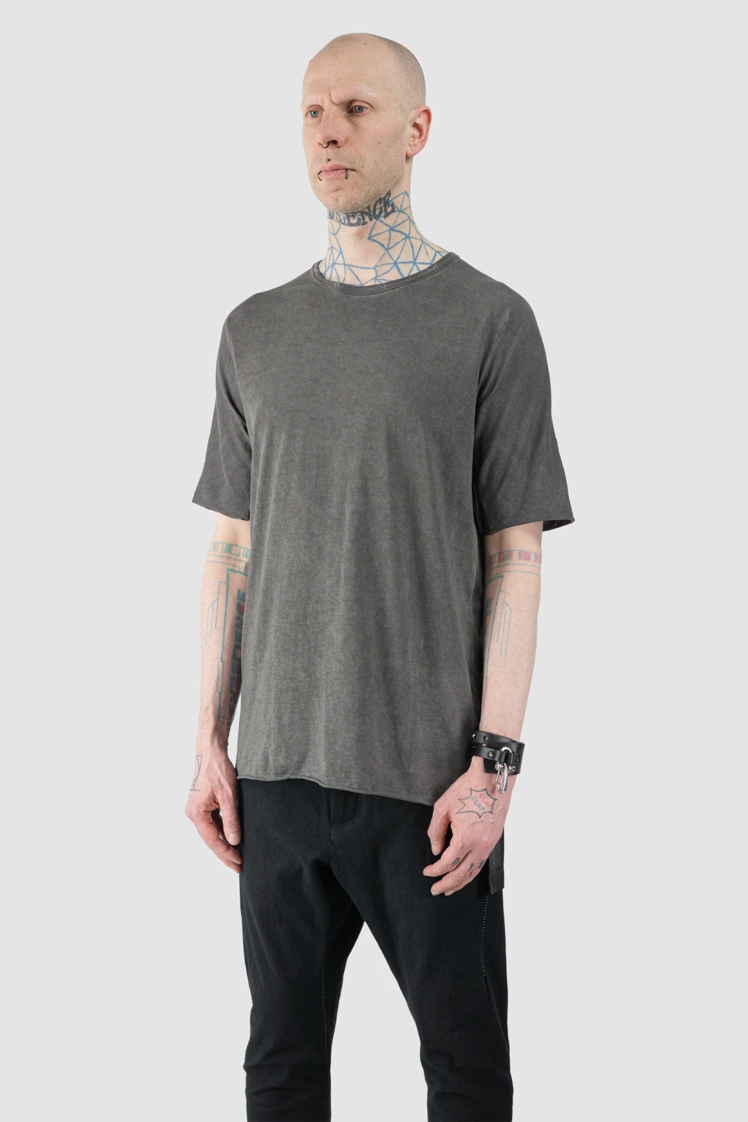 69 by Isaac Sellam - Men’s Grey Object Dyed Leather Spine Short Sleeve Tee model side view