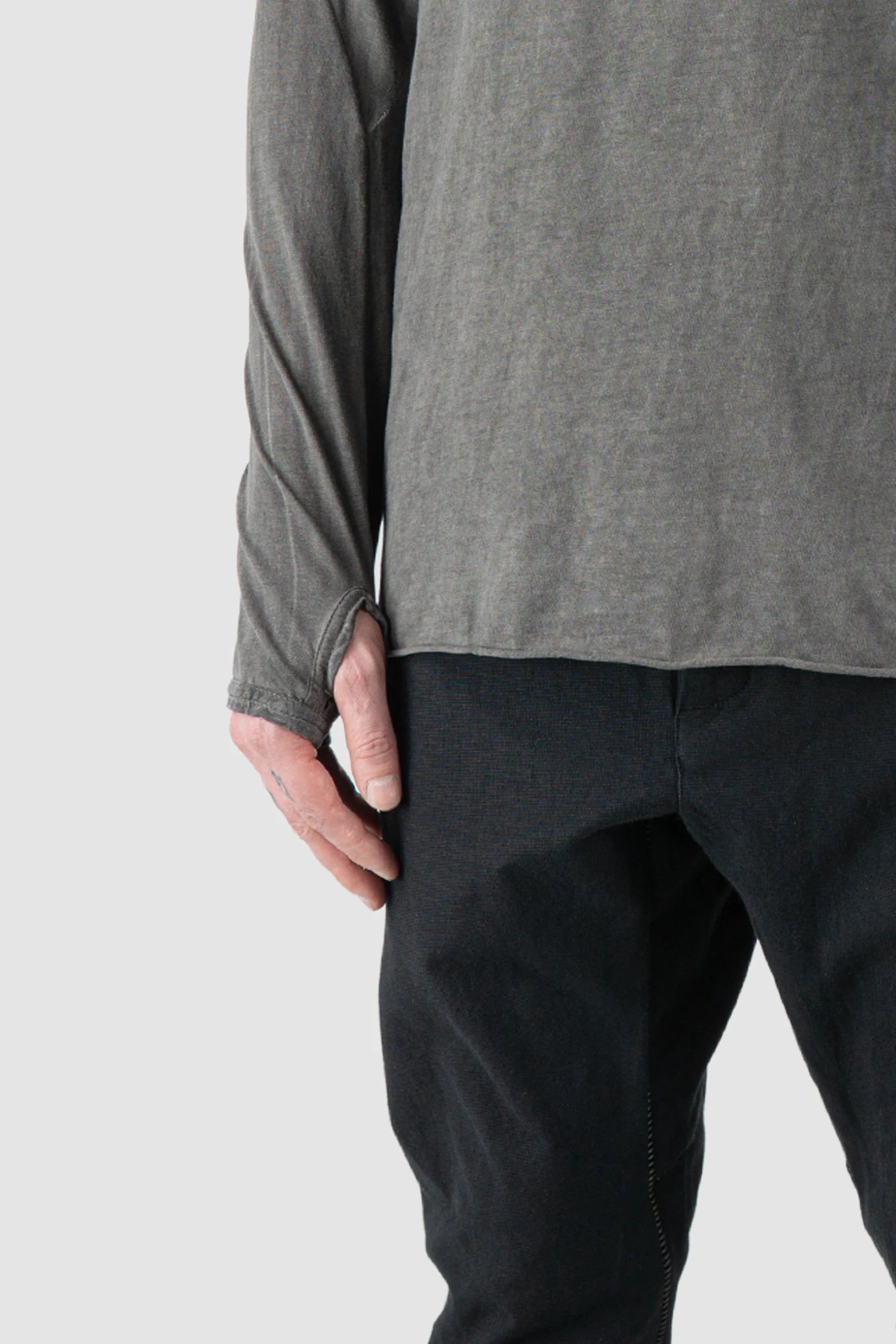 69 by Isaac Sellam - Men’s Grey Organic Cotton Raglan Long Sleeve arm detail view