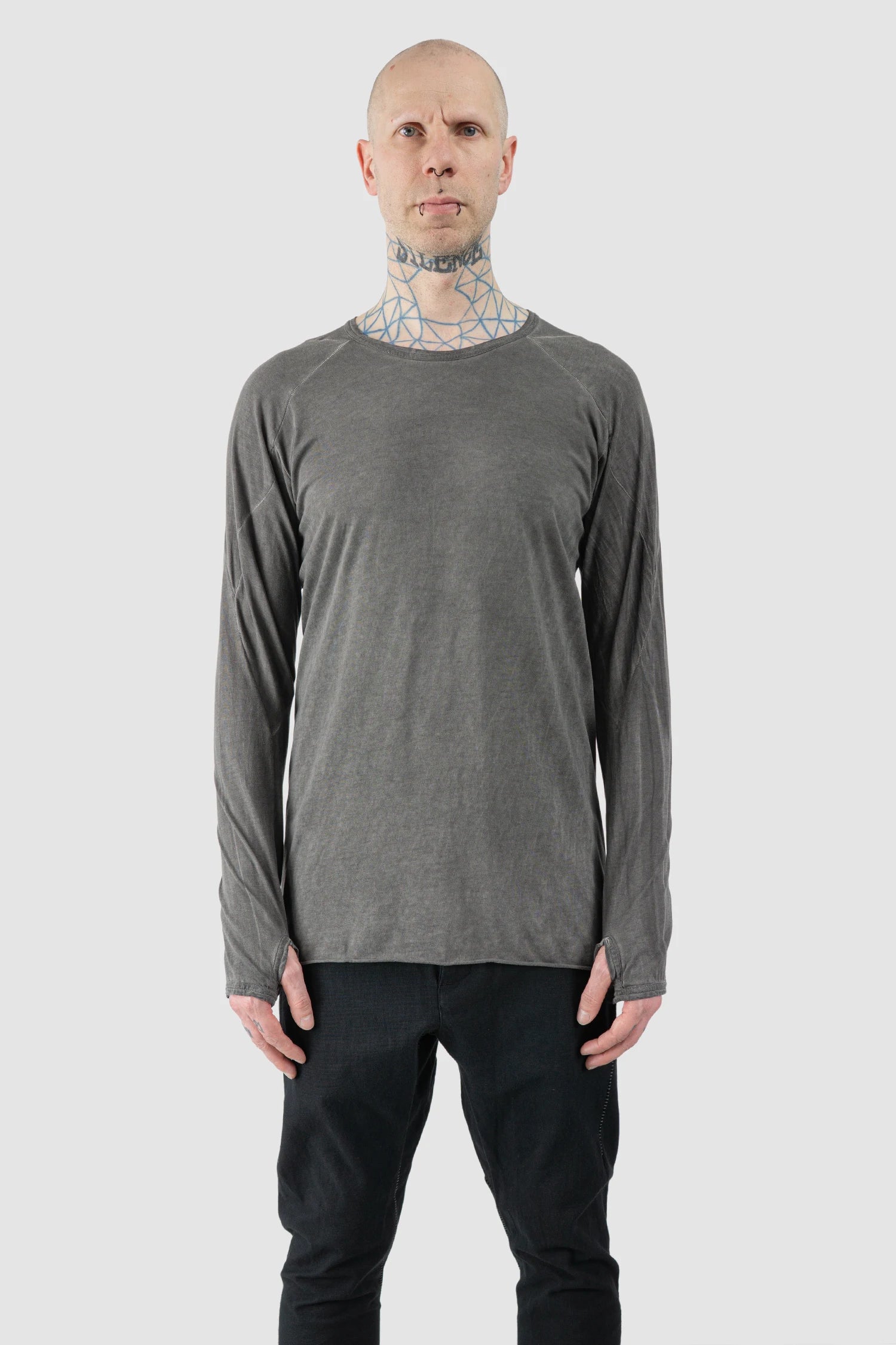 69 by Isaac Sellam - Men’s Grey Organic Cotton Raglan Long Sleeve model front view