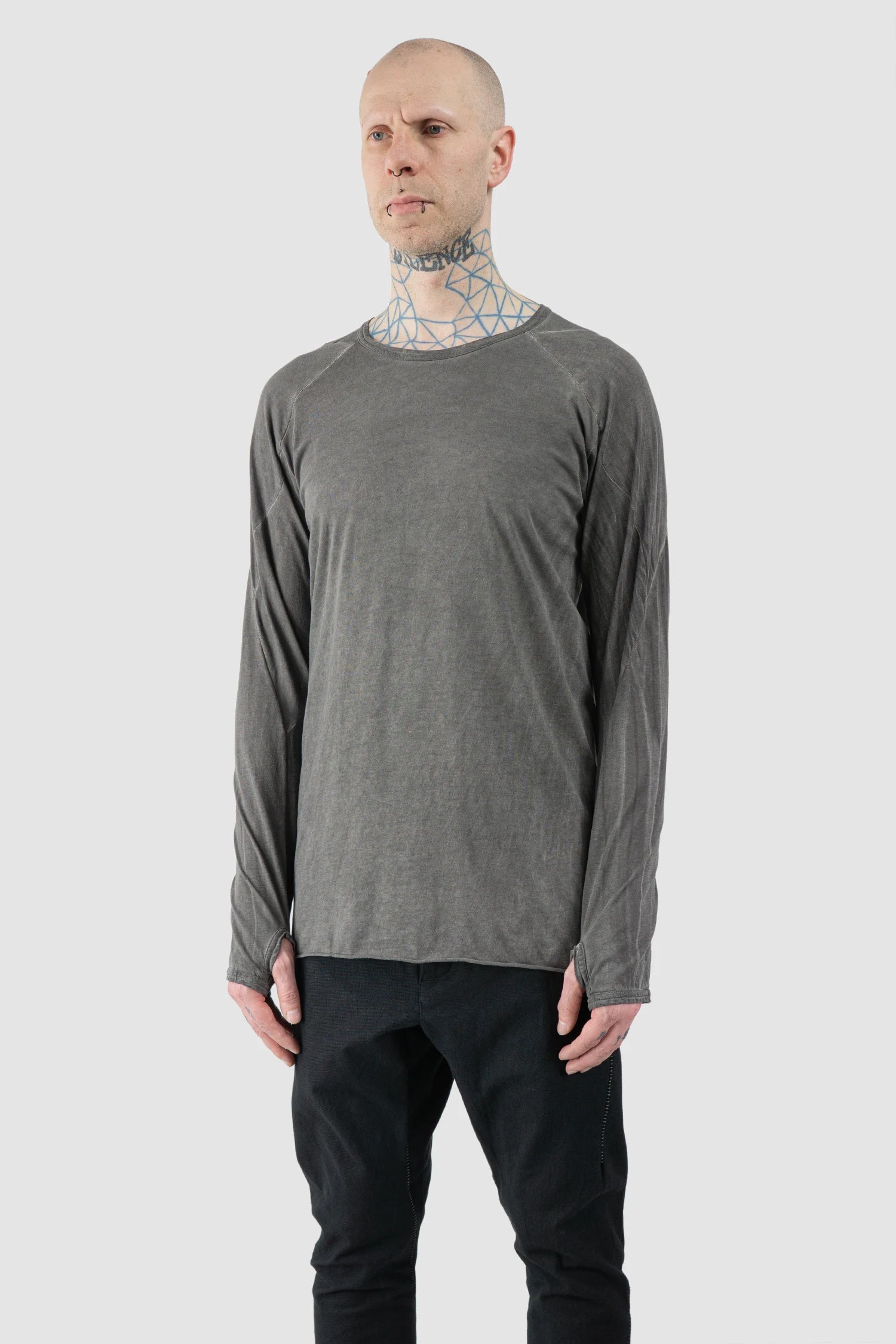 69 by Isaac Sellam - Men’s Grey Organic Cotton Raglan Long Sleeve model side view