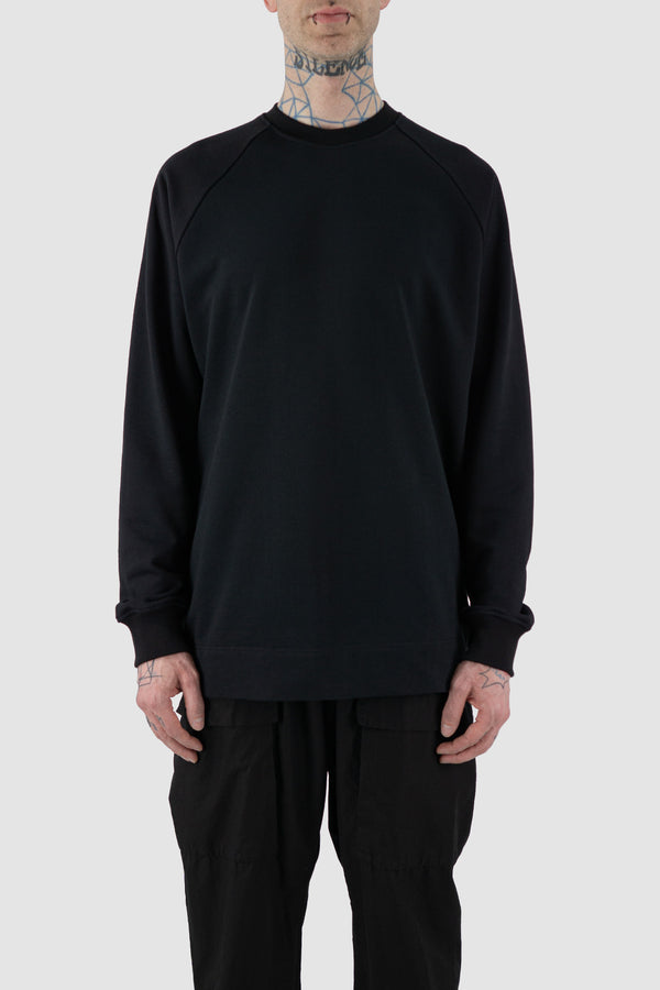 Front view of Black Raglan Sweatshirt for Men with relaxed fit and wool rib details, SS24, NOMEN NESCIO