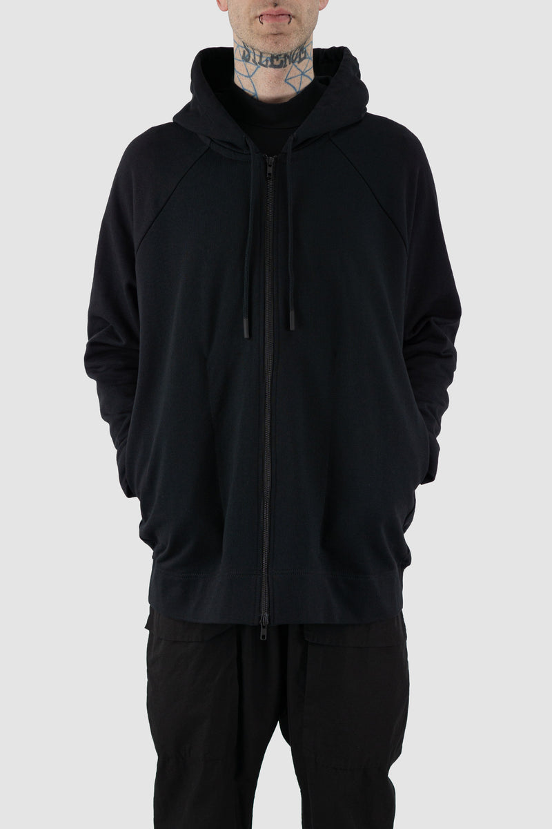 Detail view of Black Zipper Sweat Hoodie for Men with relaxed fit, SS24, NOMEN NESCIO