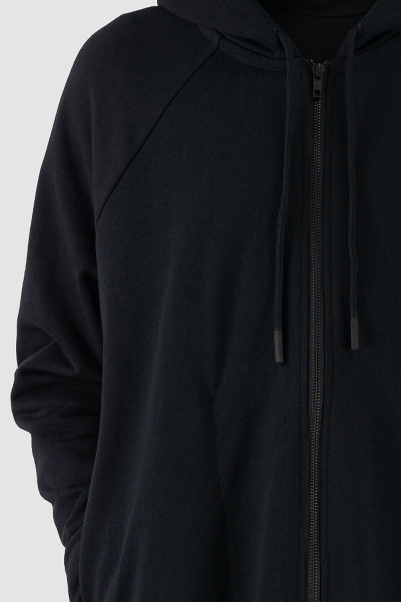 Close up view of Black Zipper Sweat Hoodie for Men with relaxed fit, SS24, NOMEN NESCIO