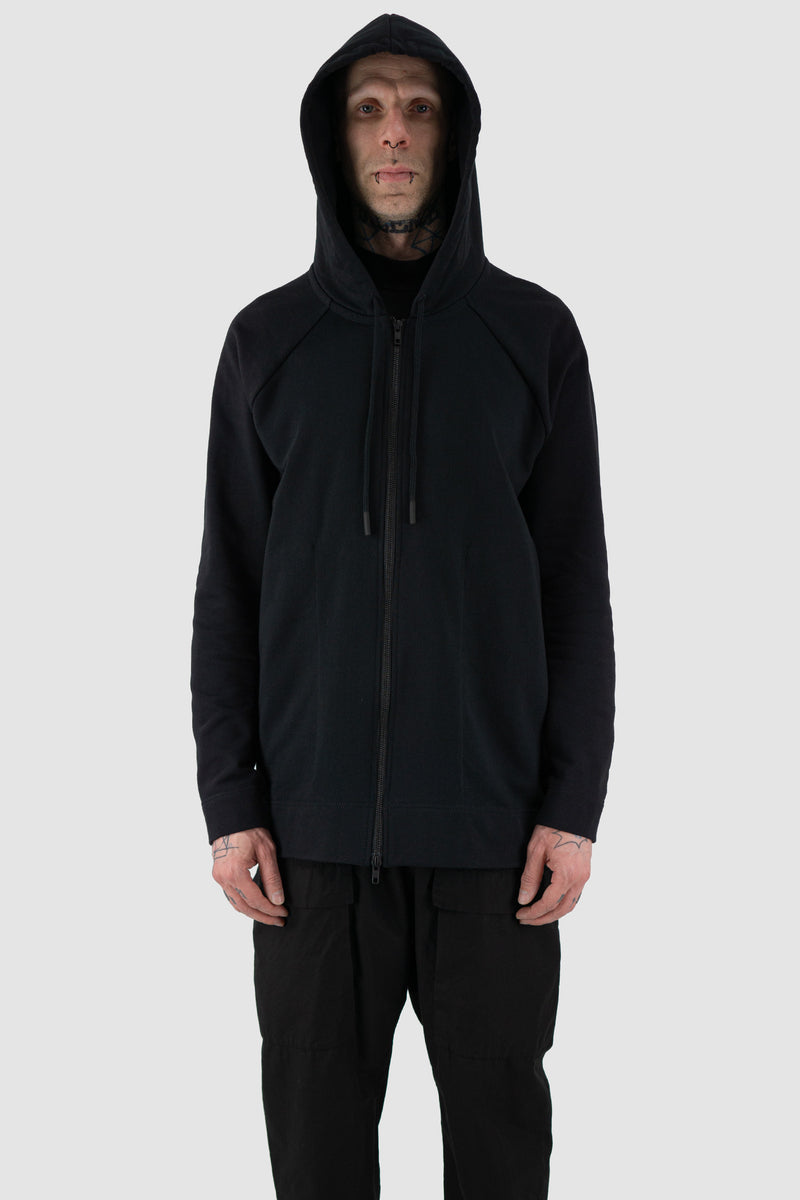 Hood view of Black Zipper Sweat Hoodie for Men with relaxed fit, SS24, NOMEN NESCIO
