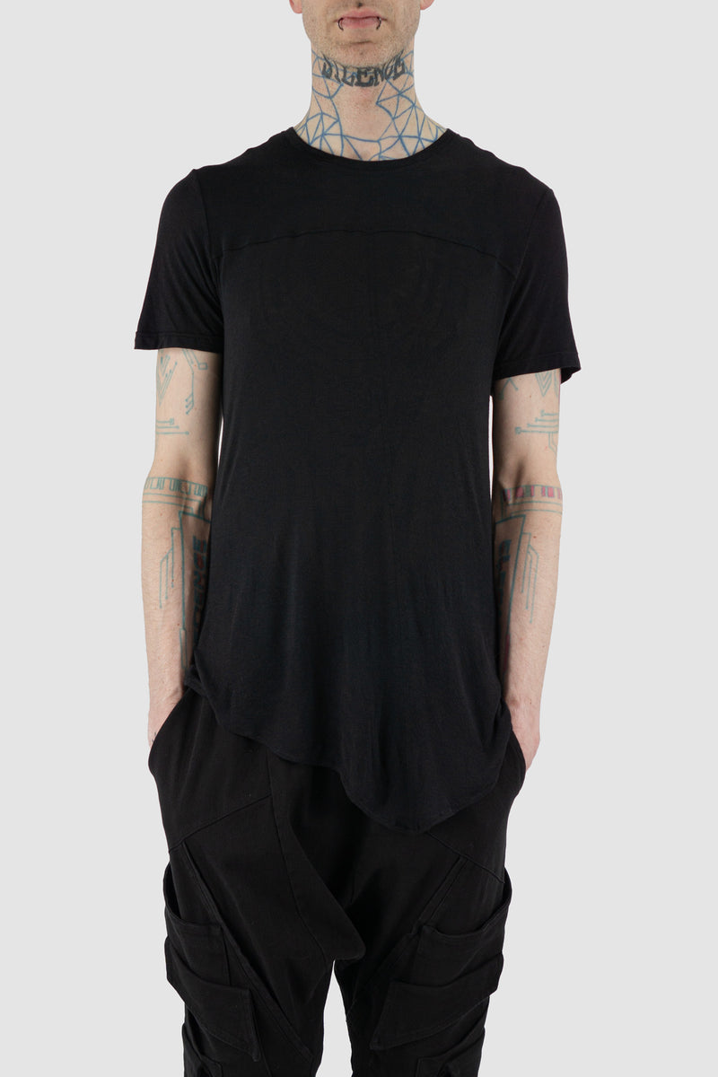 Front view of Black Asymmetric Silk Blend T-Shirt with T-shape stitching detail, LA HAINE INSIDE US