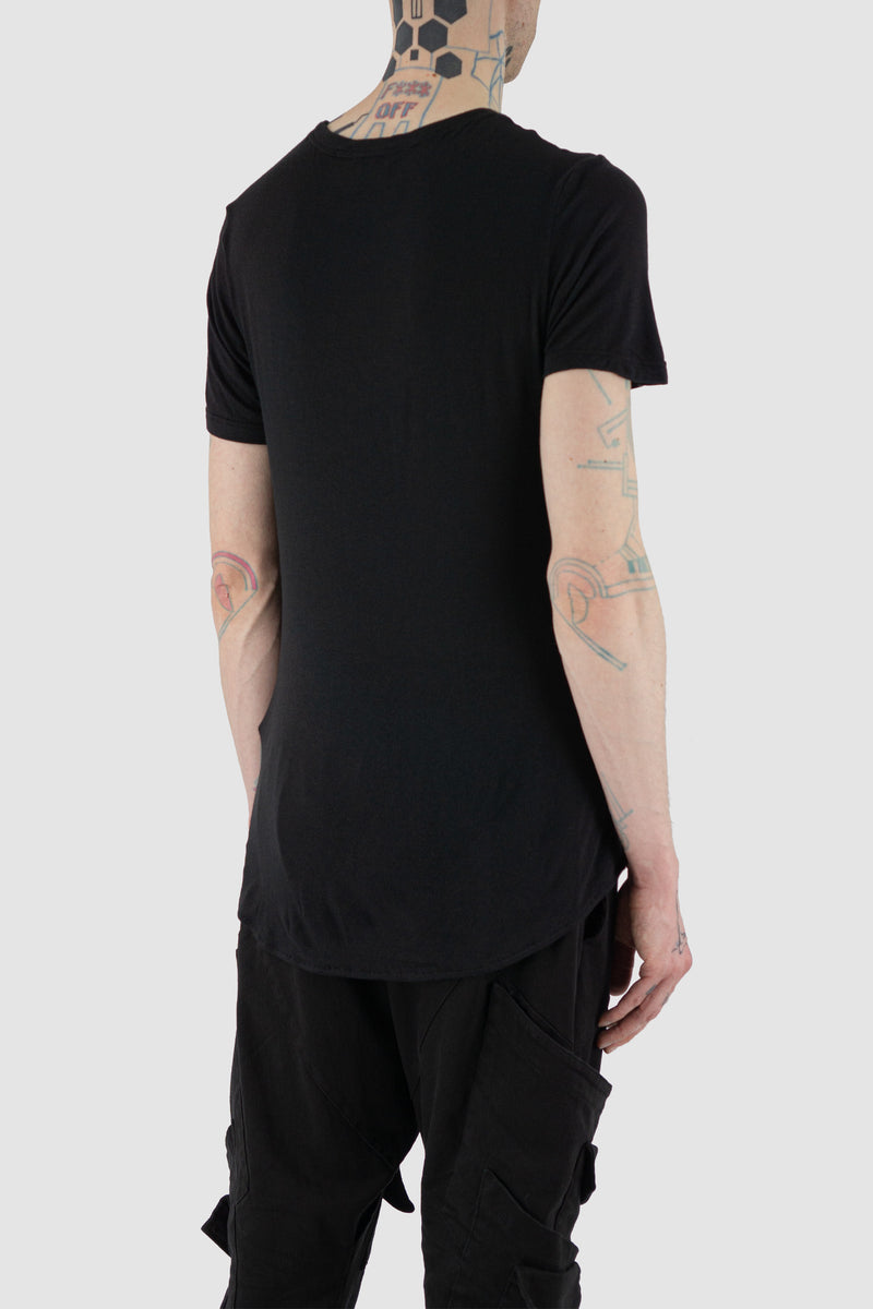 Back view of Black Asymmetric Silk Blend T-Shirt with round neck, LA HAINE INSIDE US