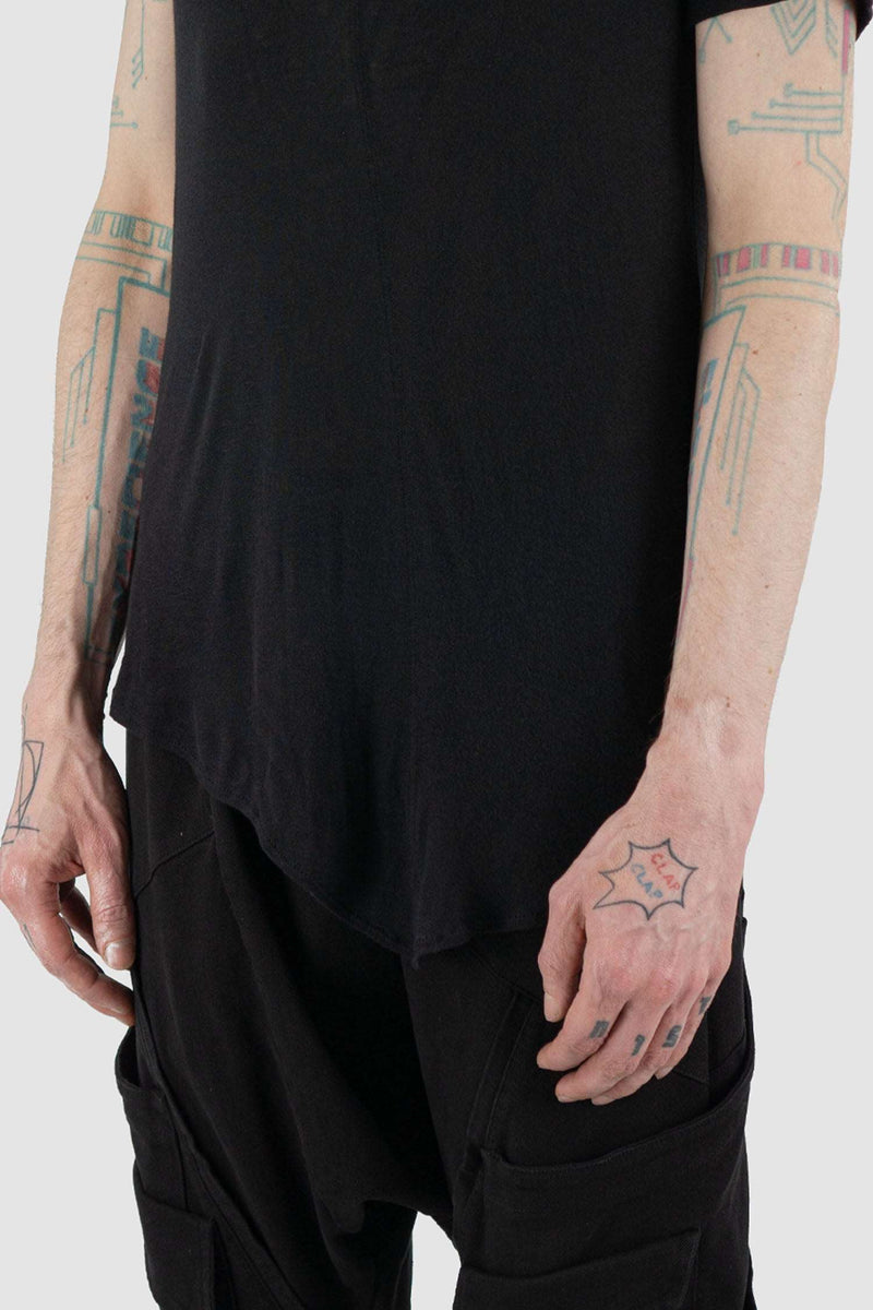 Side view of Black Asymmetric Silk Blend T-Shirt showing asymmetric front cut, LA HAINE INSIDE US