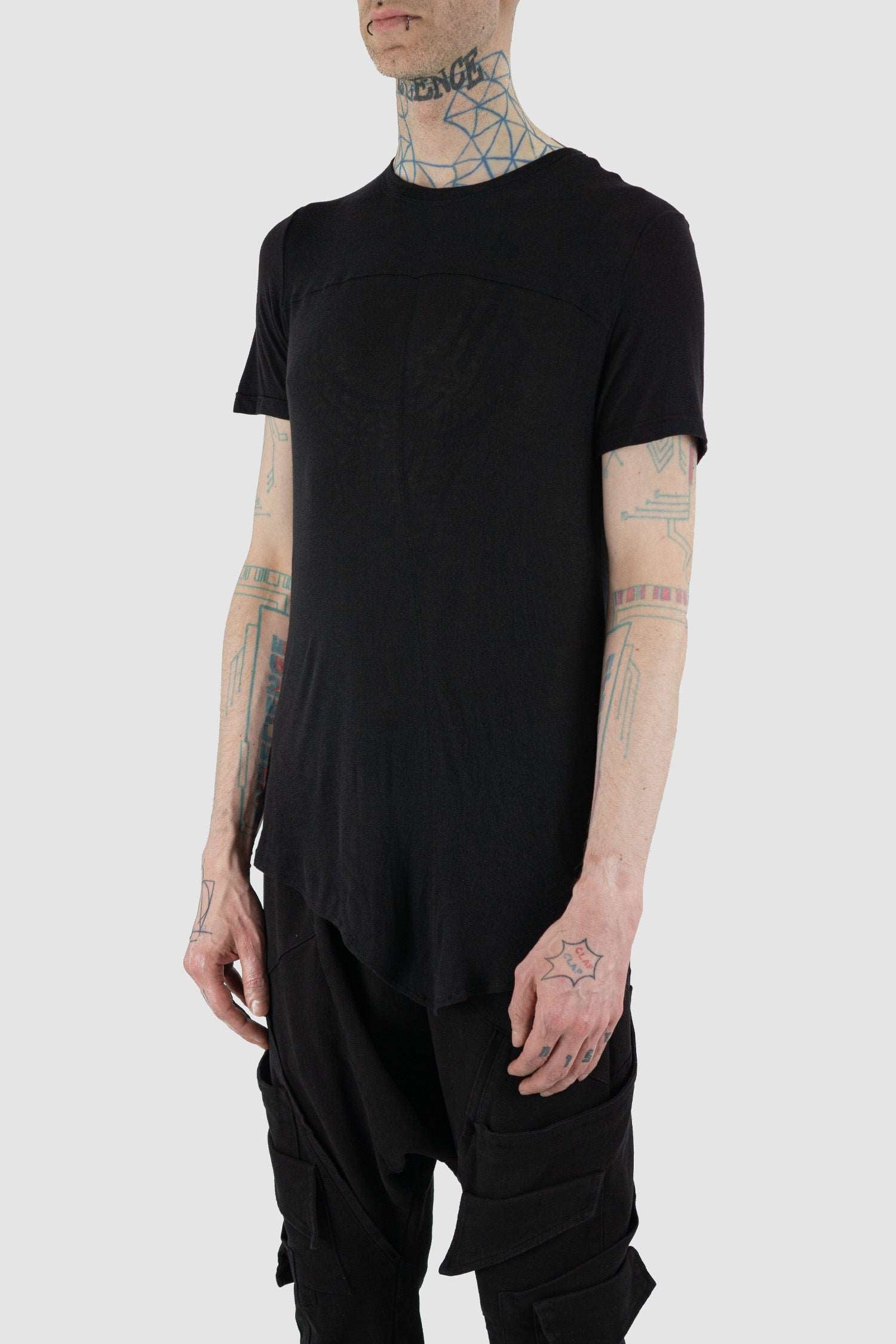Side view of Black Asymmetric Silk Blend T-Shirt showing asymmetric front cut, LA HAINE INSIDE US