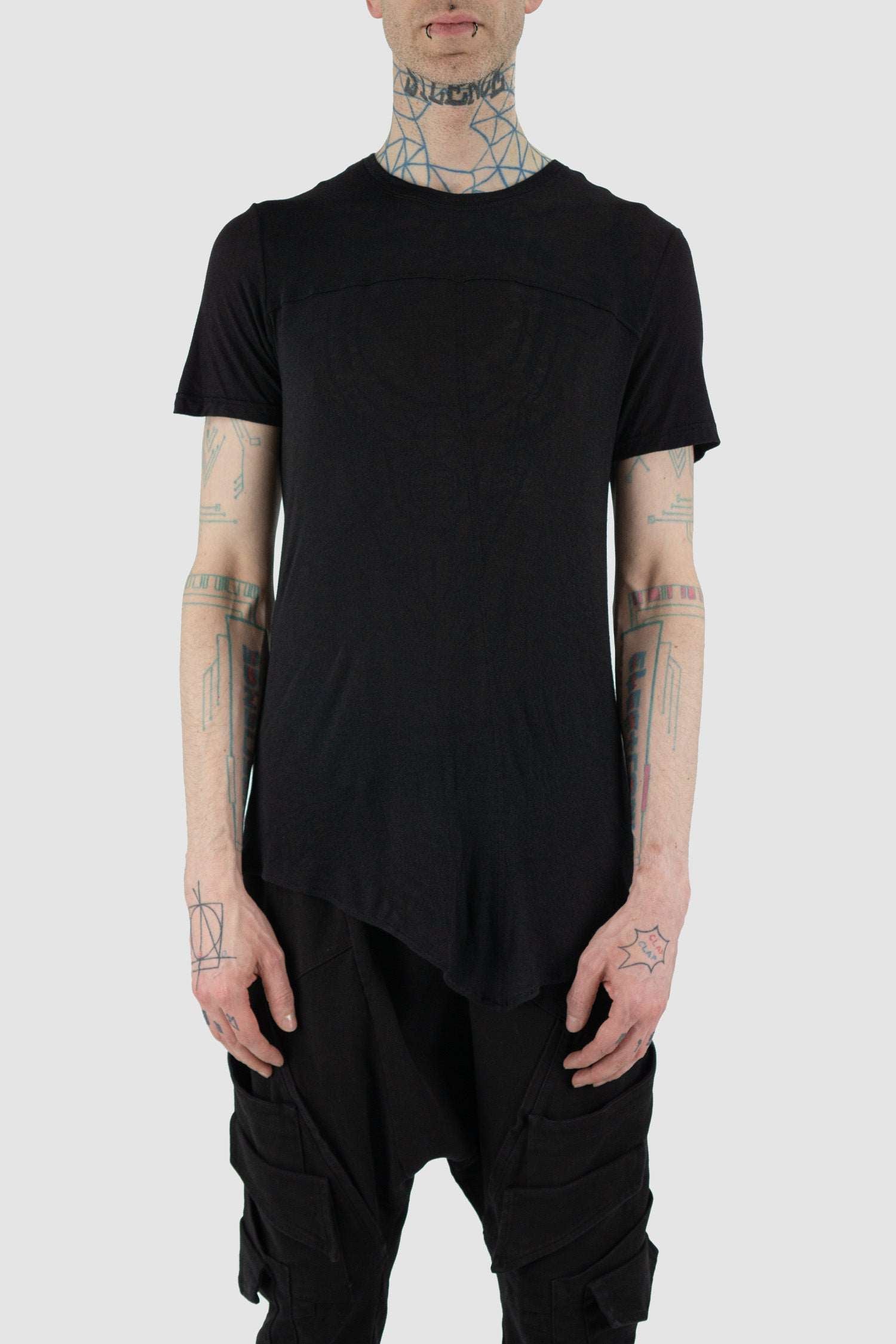 Front view of Black Asymmetric Silk Blend T-Shirt with T-shape stitching detail, LA HAINE INSIDE US