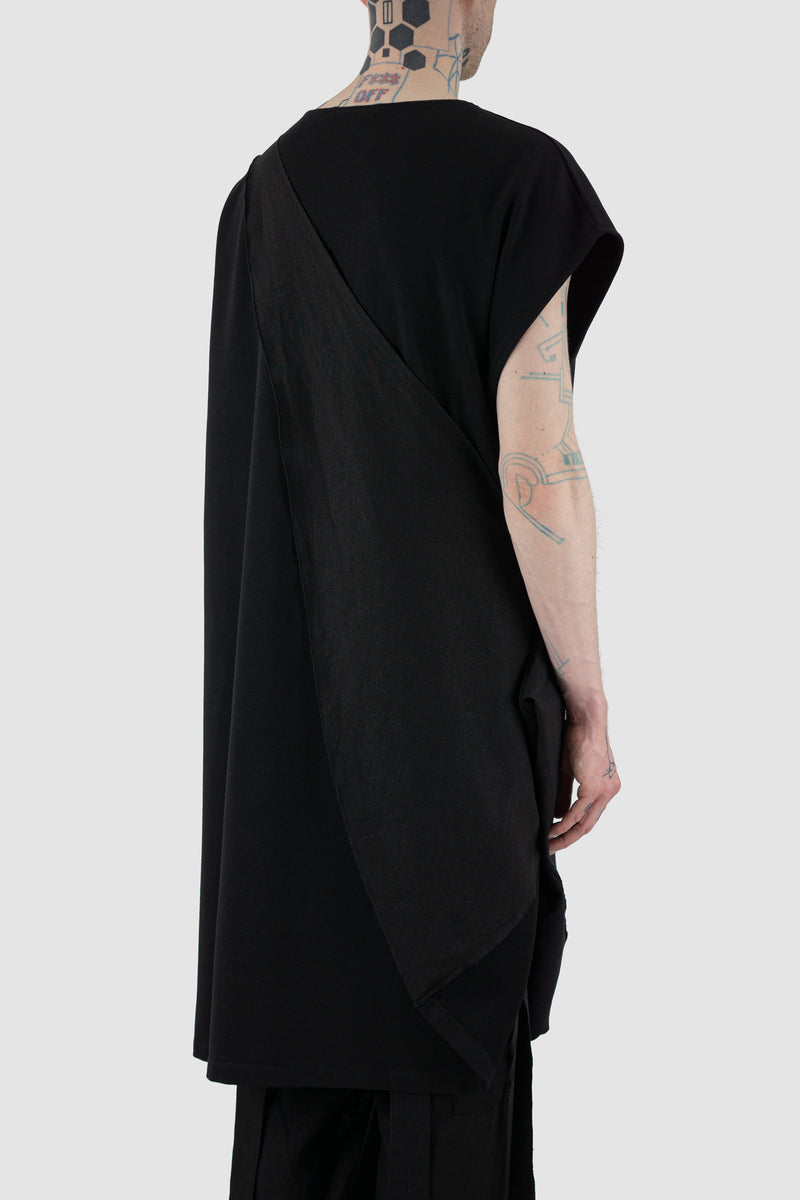 Back view of Black Asymmetric Cotton Tunic for Men with attached Linen-Viscose Panel, LA HAINE INSIDE US
