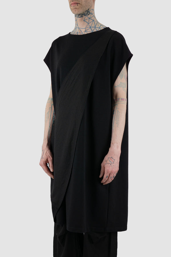 Side view of Black Asymmetric Cotton Tunic for Men with attached Linen-Viscose Panel, LA HAINE INSIDE US
