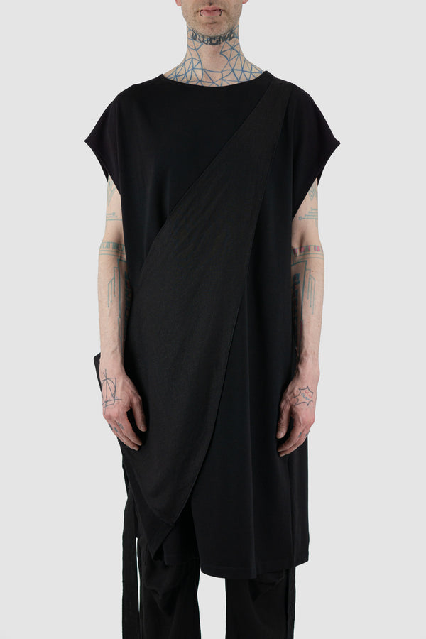 Front view of Black Asymmetric Cotton Tunic for Men with attached Linen-Viscose Panel, LA HAINE INSIDE US