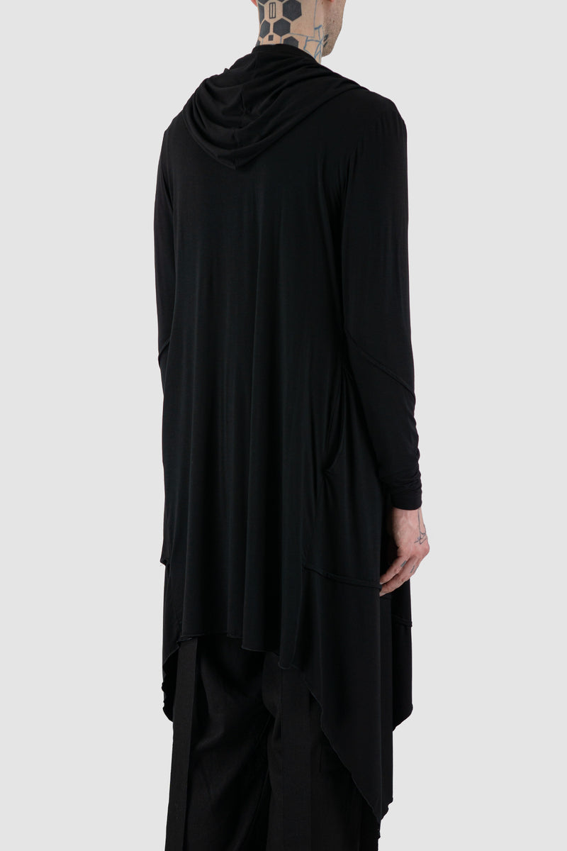 Back view of LA HAINE INSIDE US Black Asymmetric Bamboo Cardigan for Men showing waterfall hood and side pockets
