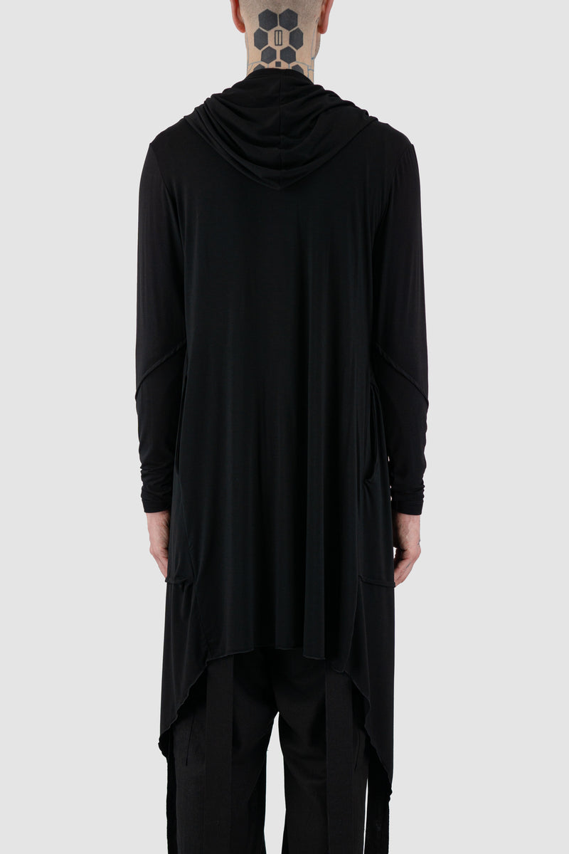 Back view of LA HAINE INSIDE US Black Asymmetric Bamboo Cardigan for Men showing waterfall hood and side pockets