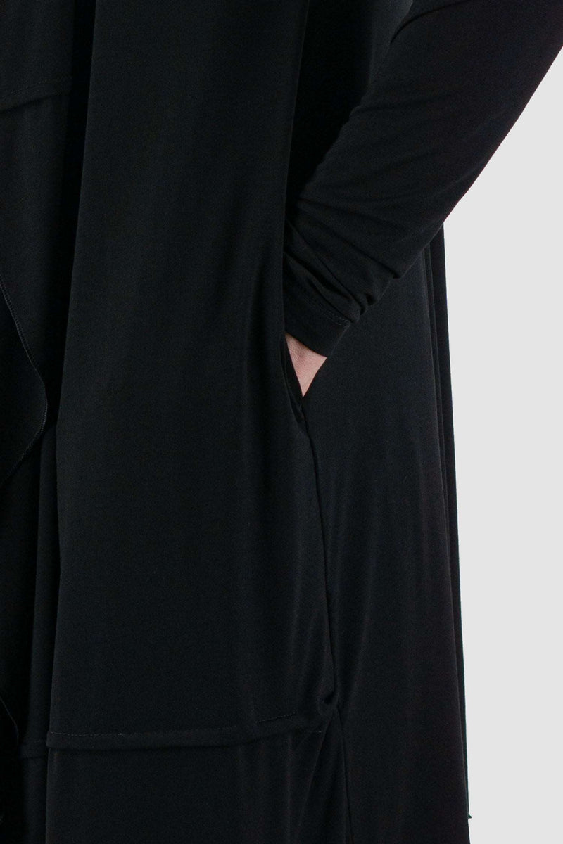 Side view of LA HAINE INSIDE US Black Asymmetric Bamboo Cardigan for Men showing waterfall hood and side pockets
